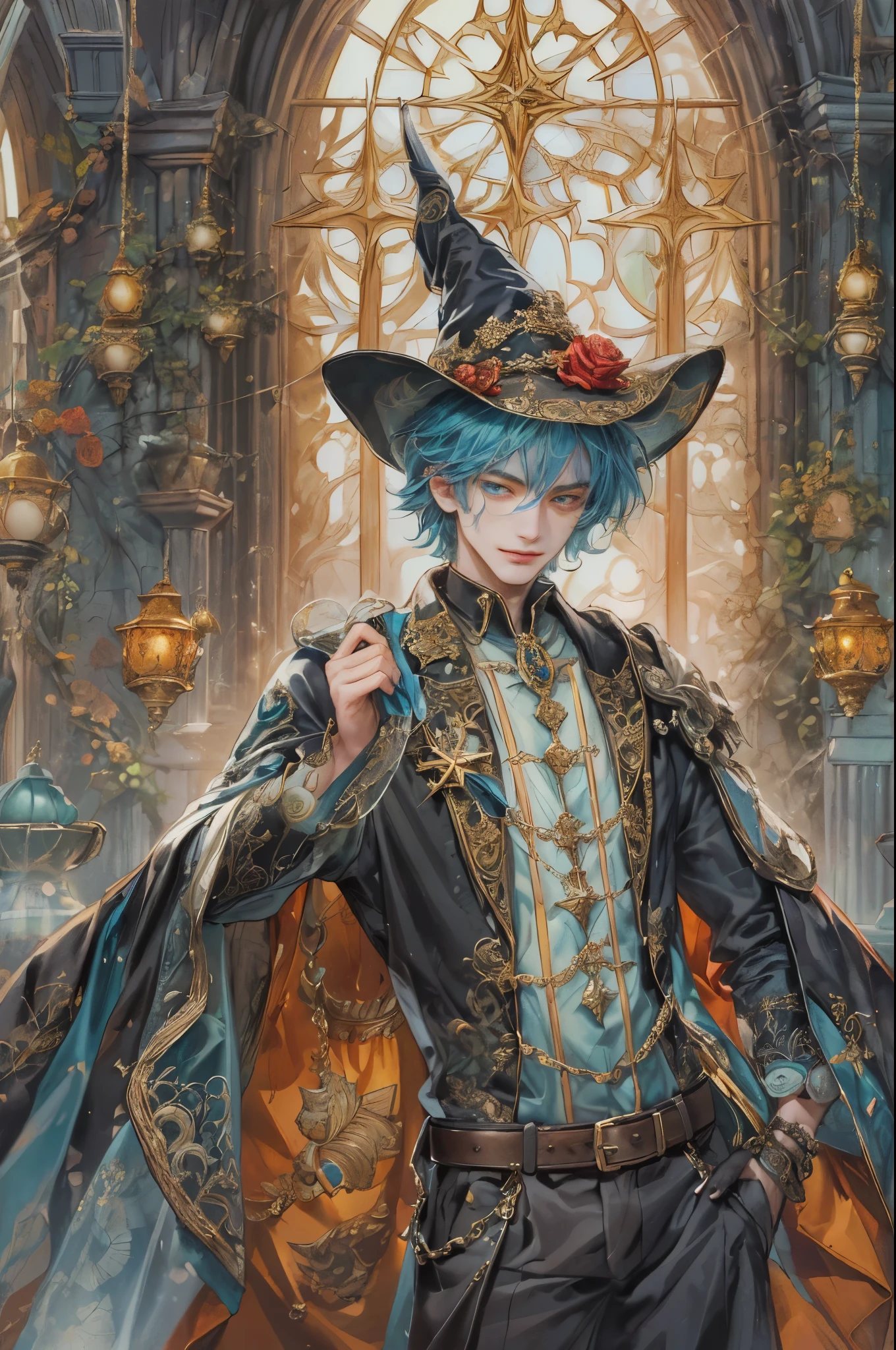 ((absurdres, highres, ultra detailed, perfect face), 1 boy , front view, young boy, handsome boy villain character from sugar sugar rune, short hair, anime eyes, mage clothes with colorful details, eyes on the viewer, add red details to picture and smirk, dimples, extremely detailed CG unity 8k wallpaper, add blue details on side, intricate details and add yellow details on left, rose ornaments, witch castle background, detailed houses town scenery window background, tim burton style theme