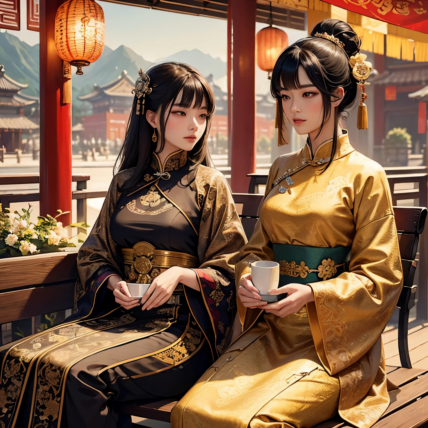 masterpiece, official art, finest details, beautiful and aesthetic, ancient Chinese culture, beautiful couple, intricately designed clothes, sophisticated attire, harmonious colors, exquisite facial features, engaged in deep conversation, bench as their backdrop, picturesque scenery, tranquil atmosphere, fluid brushstrokes, captivating composition, profound connection.
