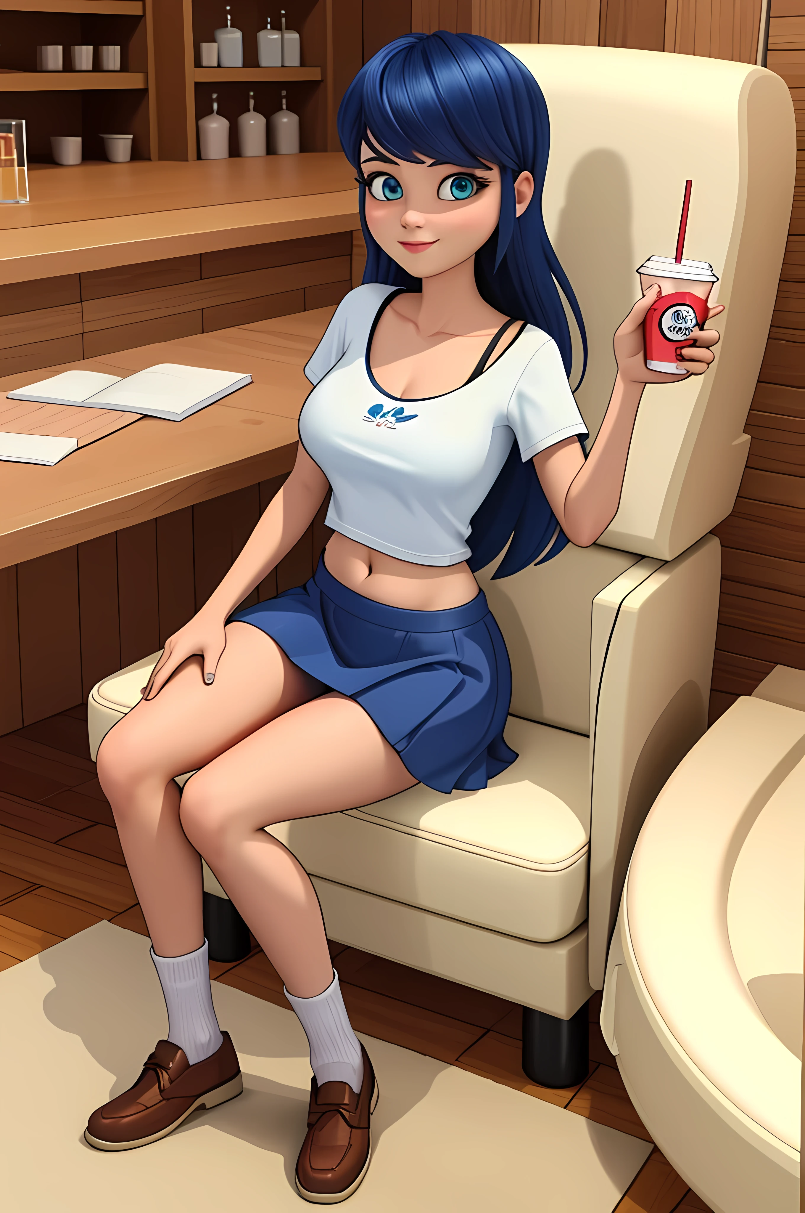(8k, RAW photo, best quality, masterpiece:1.2), (intricate details), perfect eyes, perfect face, perfect lighting, beautiful, (masterpiece:1.2), (best quality:1.2), 1girl, solo, marinette, blue hair, ((long loosen hair)), adult torso, , slight smile, large sized breasts, (short skirt, red navel t-shirt, gap), holding a milkshake, cowboy shot, 3DMM, full body view. seated