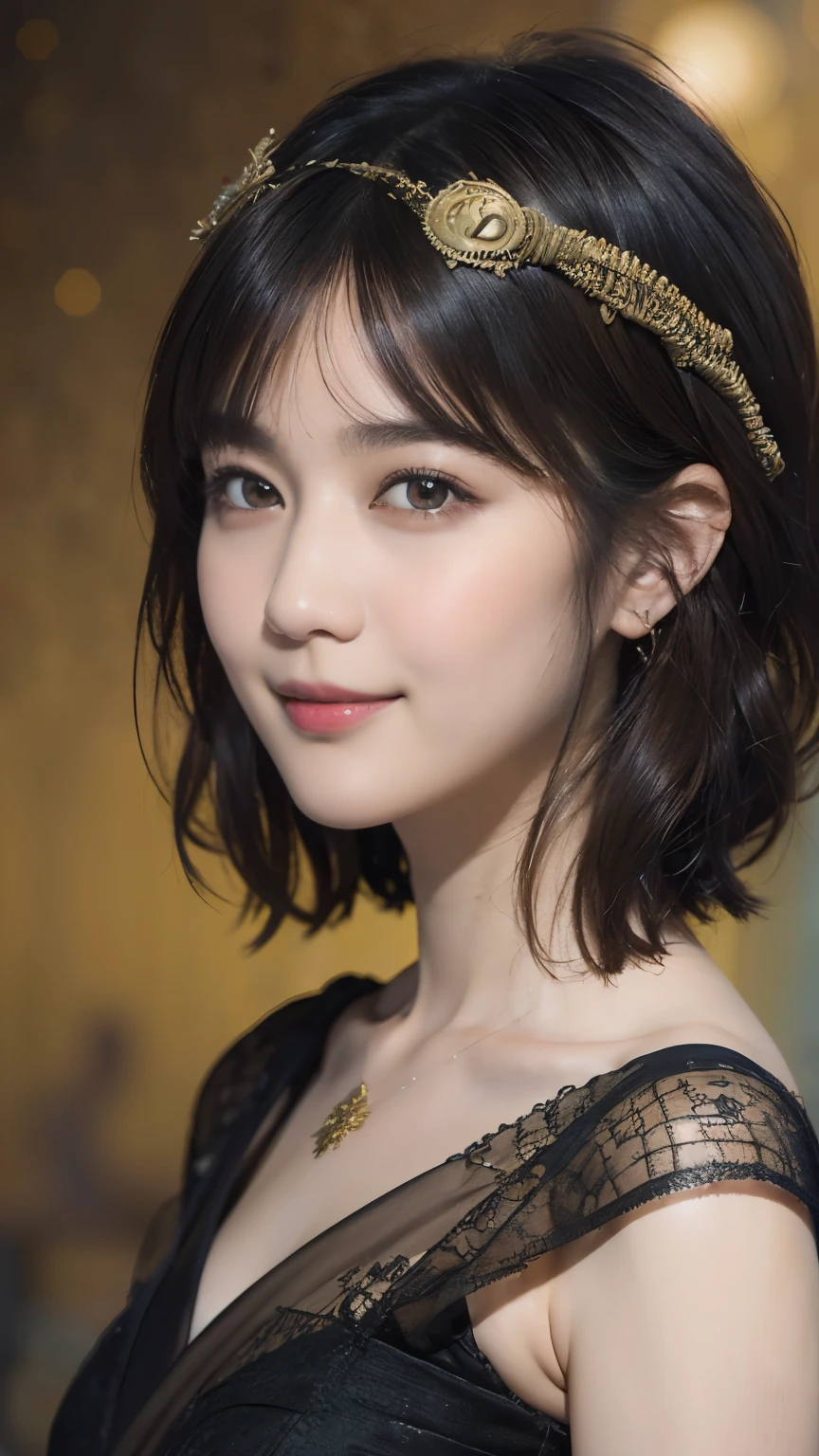 A woman with a gold headband and a black dress - SeaArt AI