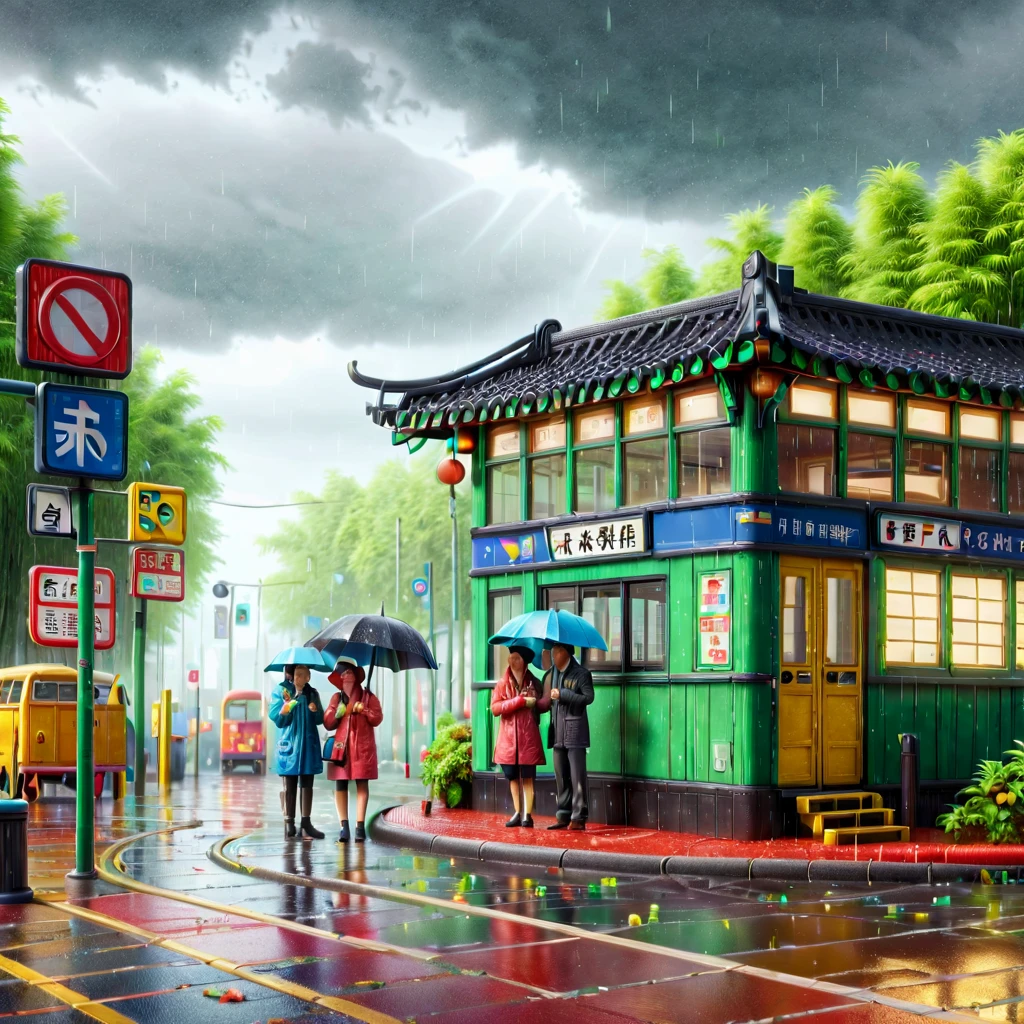 (train station scene:1.5)，At a rainy bus stop，A man stands between two women，They are all waiting for the bus to arrive。A man and a woman share a large umbrella，The other woman was holding her own small umbrella。The rain formed puddles on the ground，The lights at the bus stop look particularly warm in the rain。The surrounding environment looks a little hazy due to the rain，But the lights at the bus stop provide them with a warm haven。Both men and women wore rainy-weather clothing，man wearing a hat，The women wore light raincoats。Despite the bad weather，But they seemed to have a pleasant conversation，This makes the whole scene full of human touch and warmth，Let the picture pay more attention to the expression of nature and environment，3D rendering miniature scene design，miniature diorama，Transparent material，Pipe conveying materials，rich and colorful，futuristic，Graphic design inspiration illustration，emerging rendering，mixer，Unreal Engine，HDR, HD，best quality