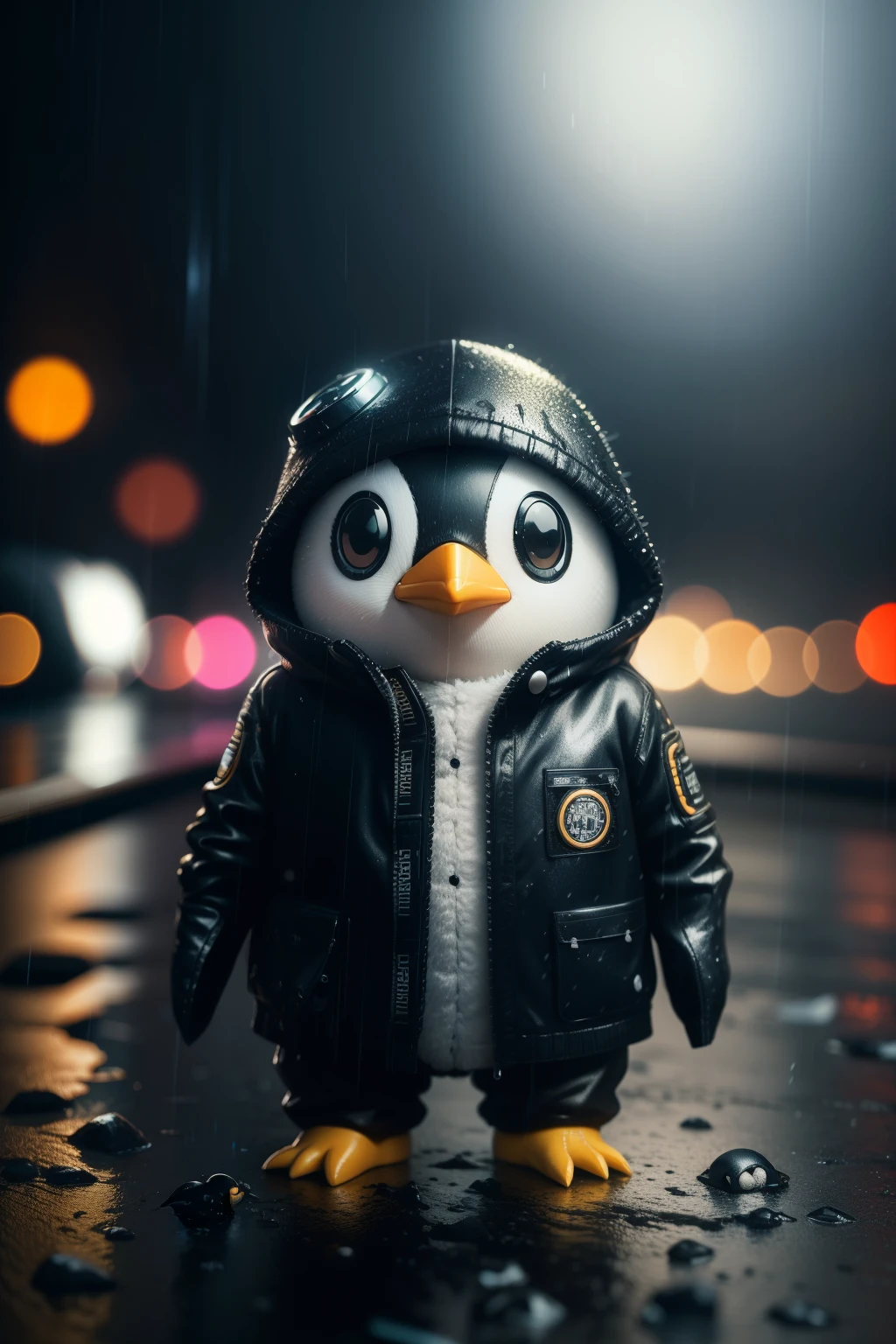 Little penguin stuffed animal 3D, Wet, (cyber punk:1.1), rain, colar de Bitcoin, spectacular realistic, rutkowski, HDR, intricate details, very detailed, cinematic, noctilucent ring, calm colors, Bitcoin