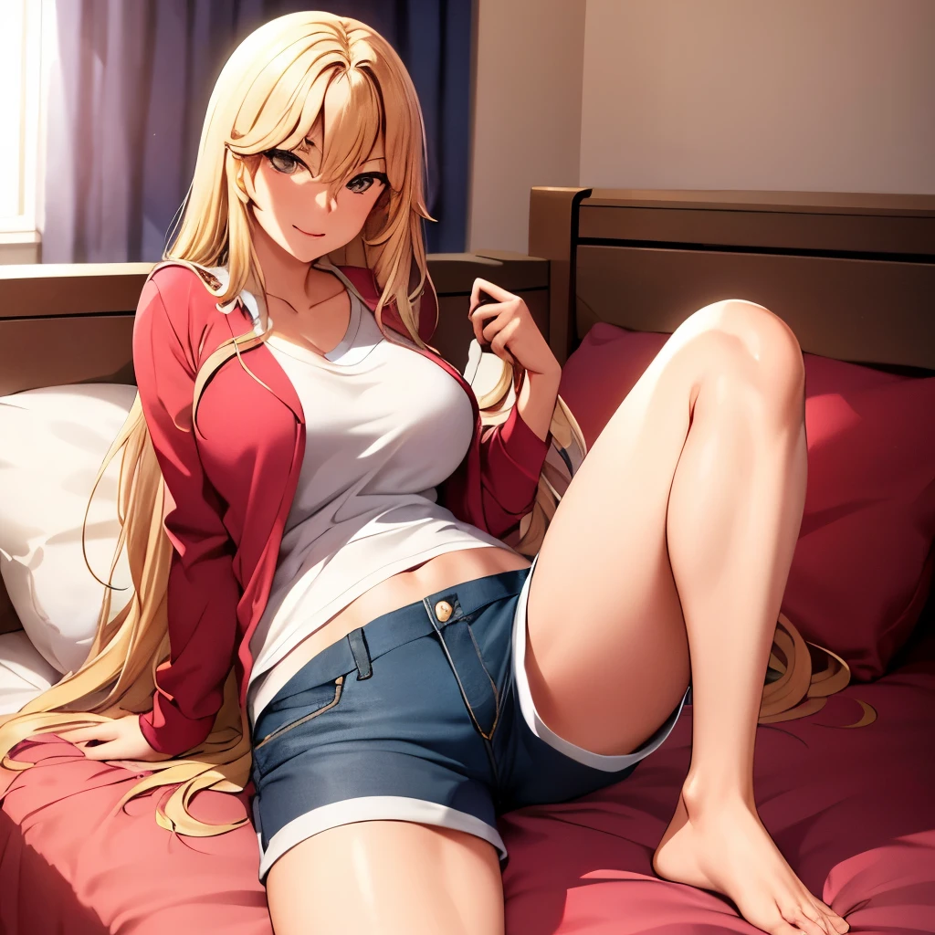 chica linda, cuerpo voluminoso, acostada de espaldas en una cama, showing her feet to the camera, sonrisa sadicaa, cabello largo, usa un abrigo abierto, shorts ajustados y cortos,