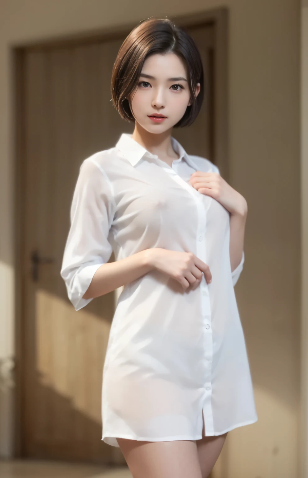 (smile)、((nipple見え))、(translucent shirt:1.2)、(In 8K、highest quality、masterpiece:1.2)、(genuine、photogenuineistic:1.37)、Super detailed、1 girl、cute、、Big eyes、beautiful detailed eyes、office、、(blush your nose)、 (perfect beautiful beautiful face:1.15)、(closed mouth)、細やかなbeautiful eyes、(skeleton shirt:1.1)、daytime、、short cut hair、、white lace、(short hair:1.5)、floating hair、body、20 year old woman、brown hair、、brown eyes、small head、((M cup fashion girl、beautiful eyes、genuine face、genuine skin、genuine-looking face、genuineな肌、fine eyes、、(No underwear:1.3)、、viewer、Look carefully at the face and chest、, see-through shirt。the tip of the chest sticks out。Areola is protruding。(The shape of the genitals is clearly visible), lots of eyelashes。black eyeshadow。bright red lips。black sexy high heels。pubic hair。The lower abdomen is bristly。thin。thighs are open。pubic hairが非常に多い。nippleは非常に突き出ています, そして繊細なbody型、dark blue suit、camel'With toes、protruding pussy_nipple