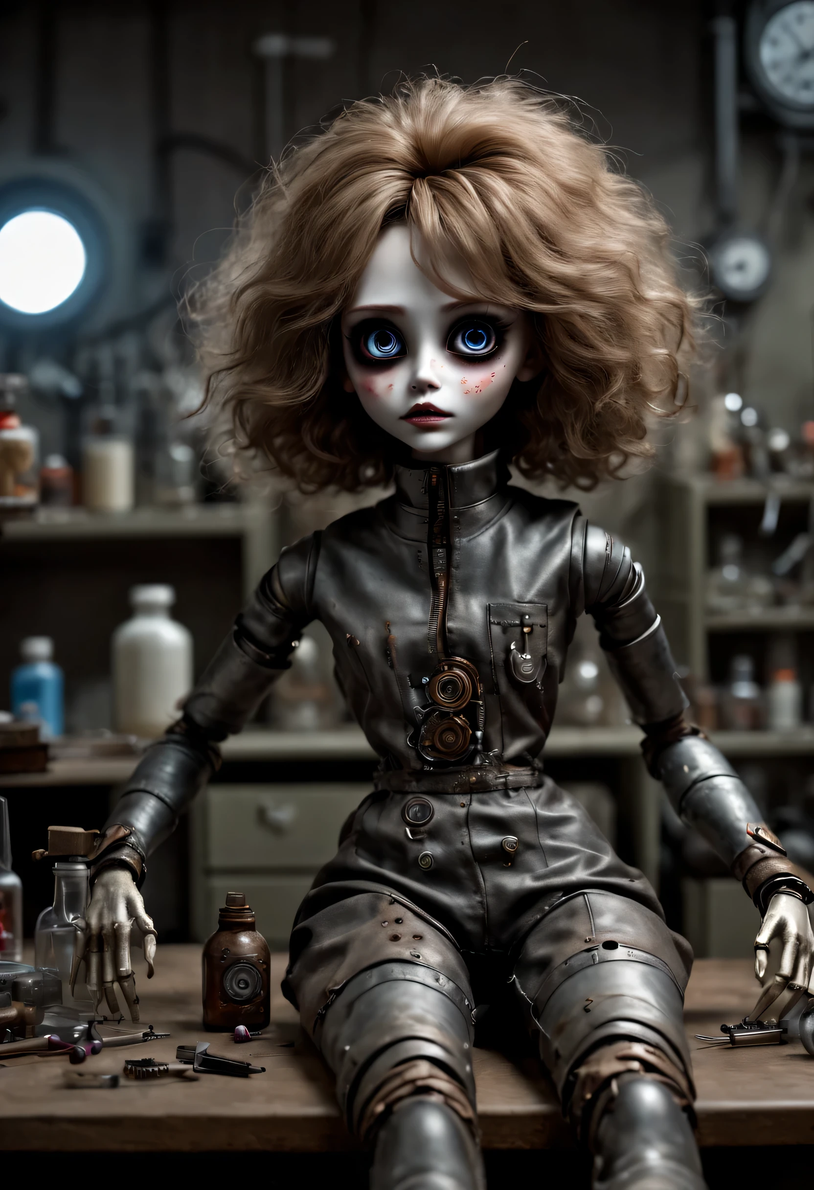 （best quality，4k，masterpiece：1.2），super detailed，lifelike：1.37，doctor&#39;laboratory，doll on table，Possess human emotions and intelligence，scary mechanical doll，big eyes，dark eye makeup，Mechanical joint，fluffy hair，whole body，boots，Metal skin decoration，dirty，tattered clothes，glow