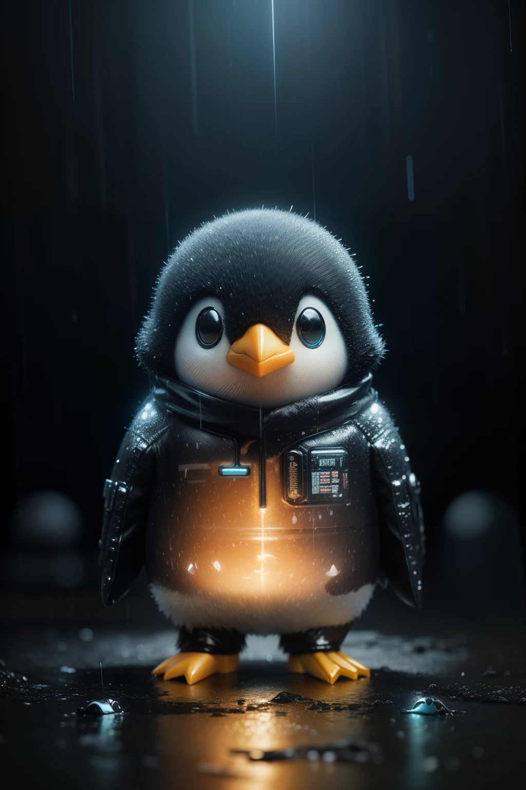 Little penguin stuffed animal 3D, Wet, (cyber punk:1.1), rain, colar de Bitcoin, spectacular realistic, rutkowski, HDR, intricate details, very detailed, cinematic, noctilucent ring, calm colors, Bitcoin