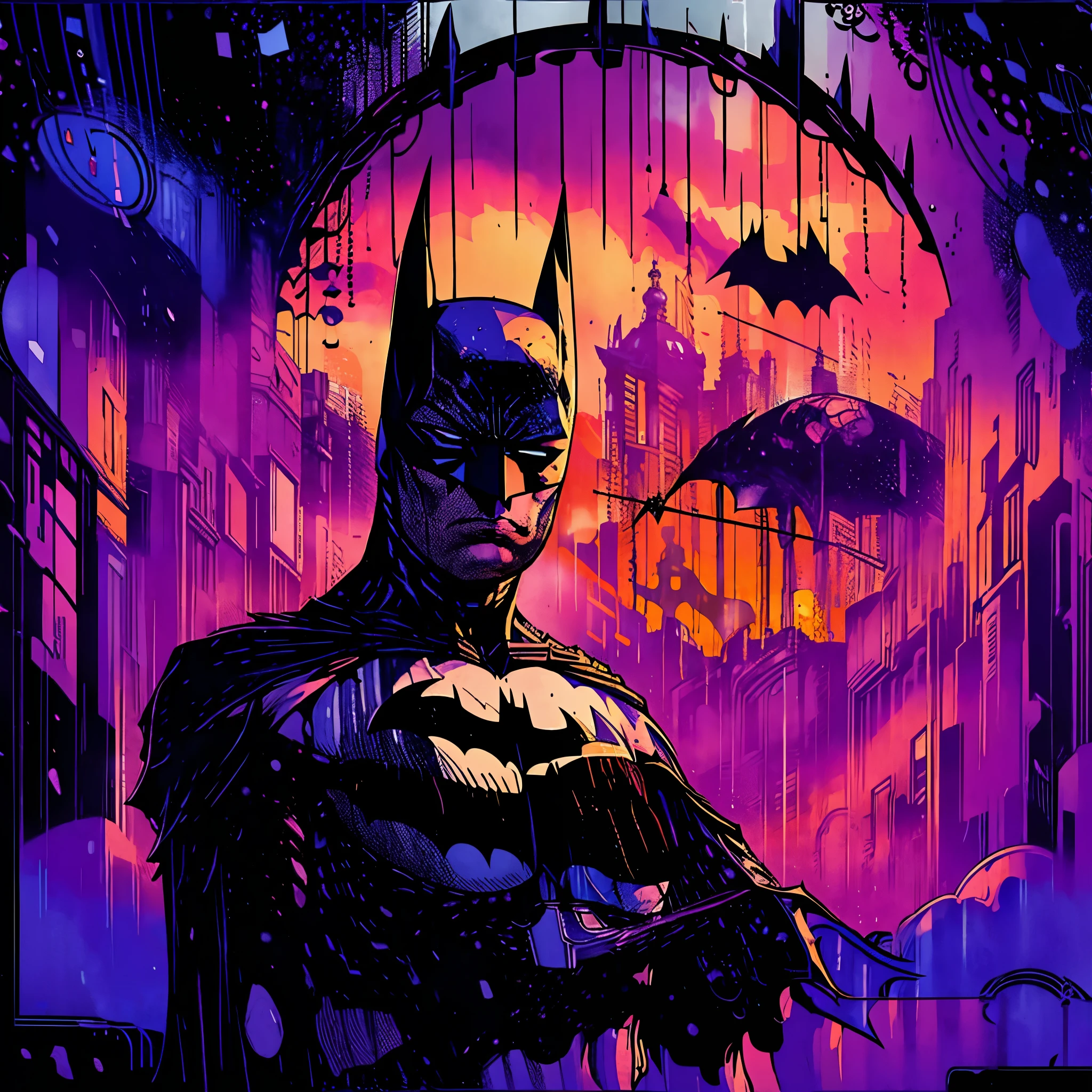 you look lonely, blade runner 2049, night, masterpiece, best quality, Batman, Gotham city, Jim Lee art style, Film noir aesthetic,