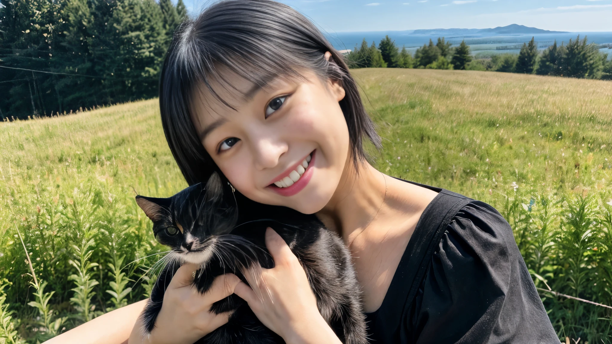 8K photo quality, view from hilltop (Biei-cho, Hokkaido), beautiful Japanese woman (23 yrs old), hair in black bob cut, wearing white camisole. Clear sky. She is holding a cute black kitten and smiling. Realistic face, a few freckles.