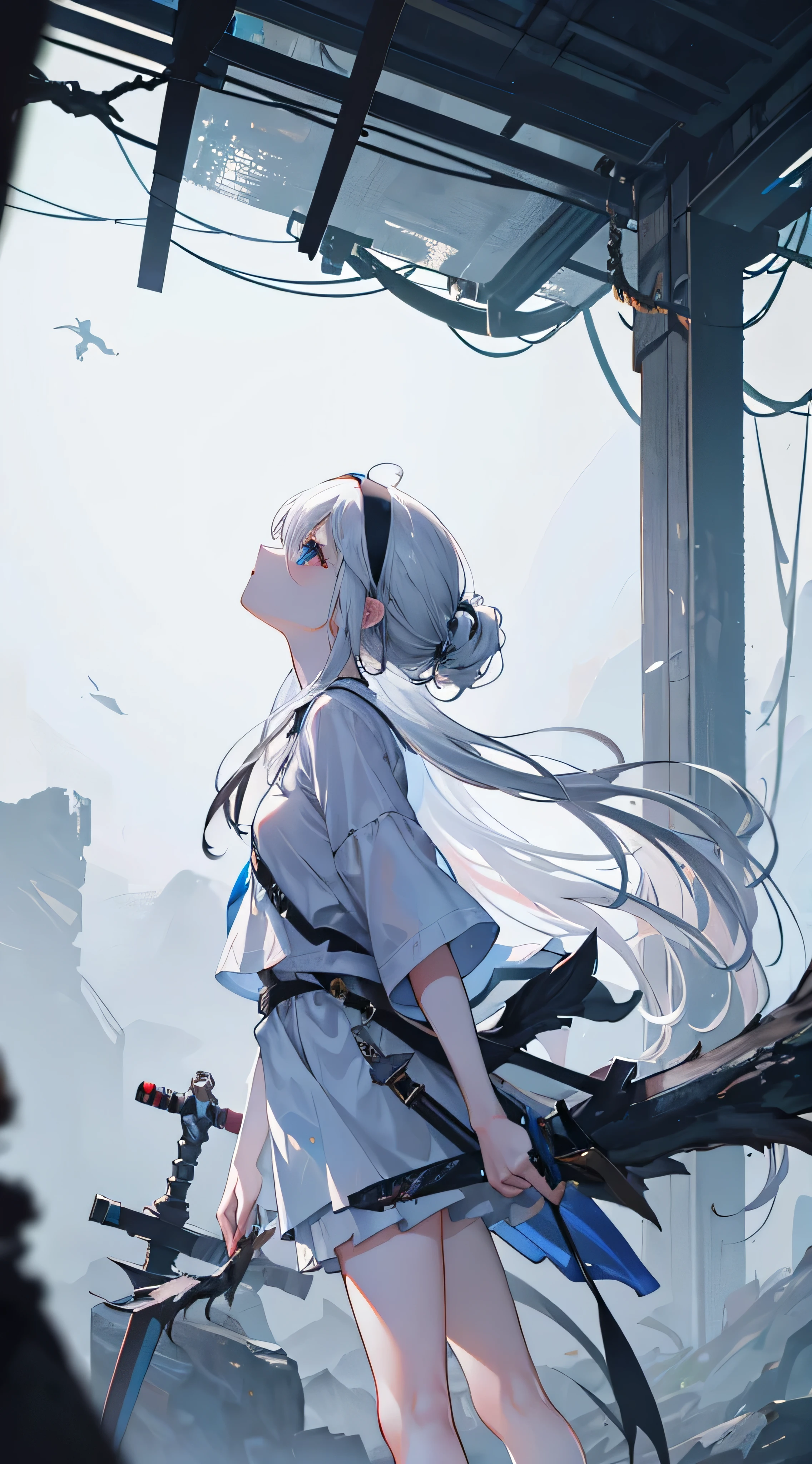 masterpiece, 8K, high resolution, ultra sharpness, ultra detail, best quality, best color selection, ray tracing, depth of field, in the wasteland, full of fog, white misty theme, swords stuck in the ground everywhere, dark theme, 1girl , young girl, standing, looking up, white hair, long hair, bright blue eyes, black hair band, carrying a sword, fov from the side of the character, hands sticking up, wearing white T - shirt inly, legs full of bandages, shadow The dragon surrounds the girl