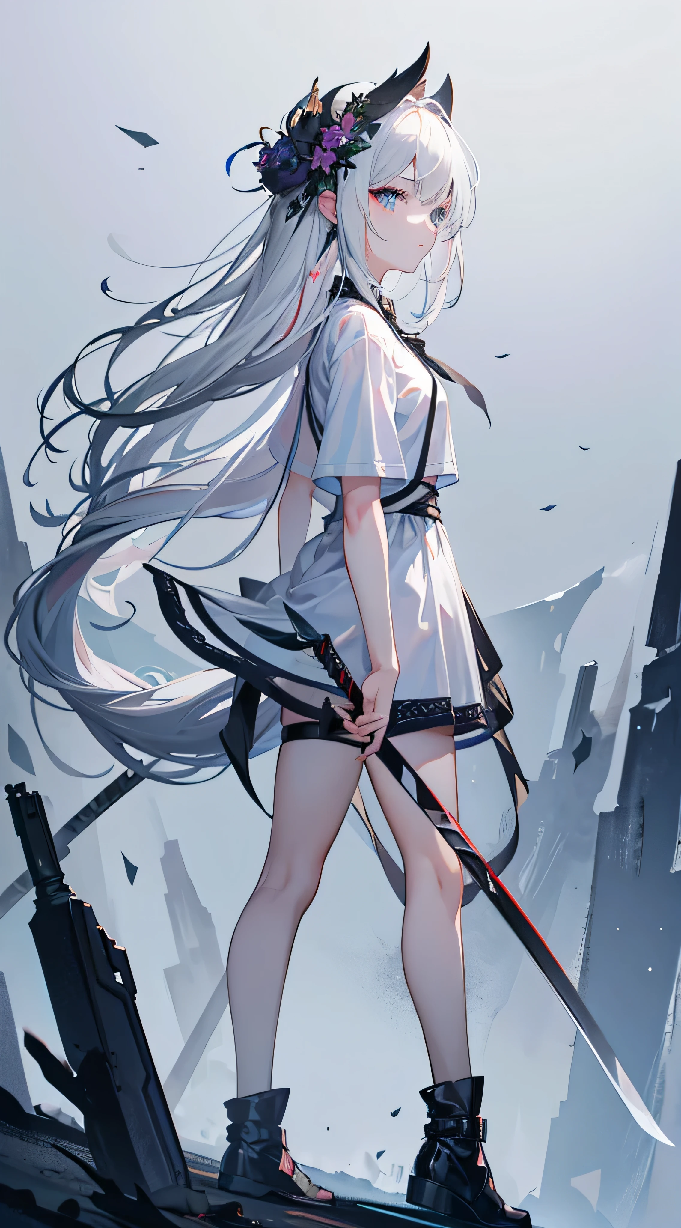 masterpiece, 8K, high resolution, ultra sharpness, ultra detail, best quality, best color selection, ray tracing, depth of field, in the wasteland, full of fog, white misty theme, swords stuck in the ground everywhere, dark theme, 1girl , young girl, standing, looking up, white hair, long hair, bright blue eyes, black flower hair ornament, carrying a sword, fov from the side of the character, hands sticking up, wearing white T - shirt inly, legs full of bandages, shadow The dragon surrounds the girl