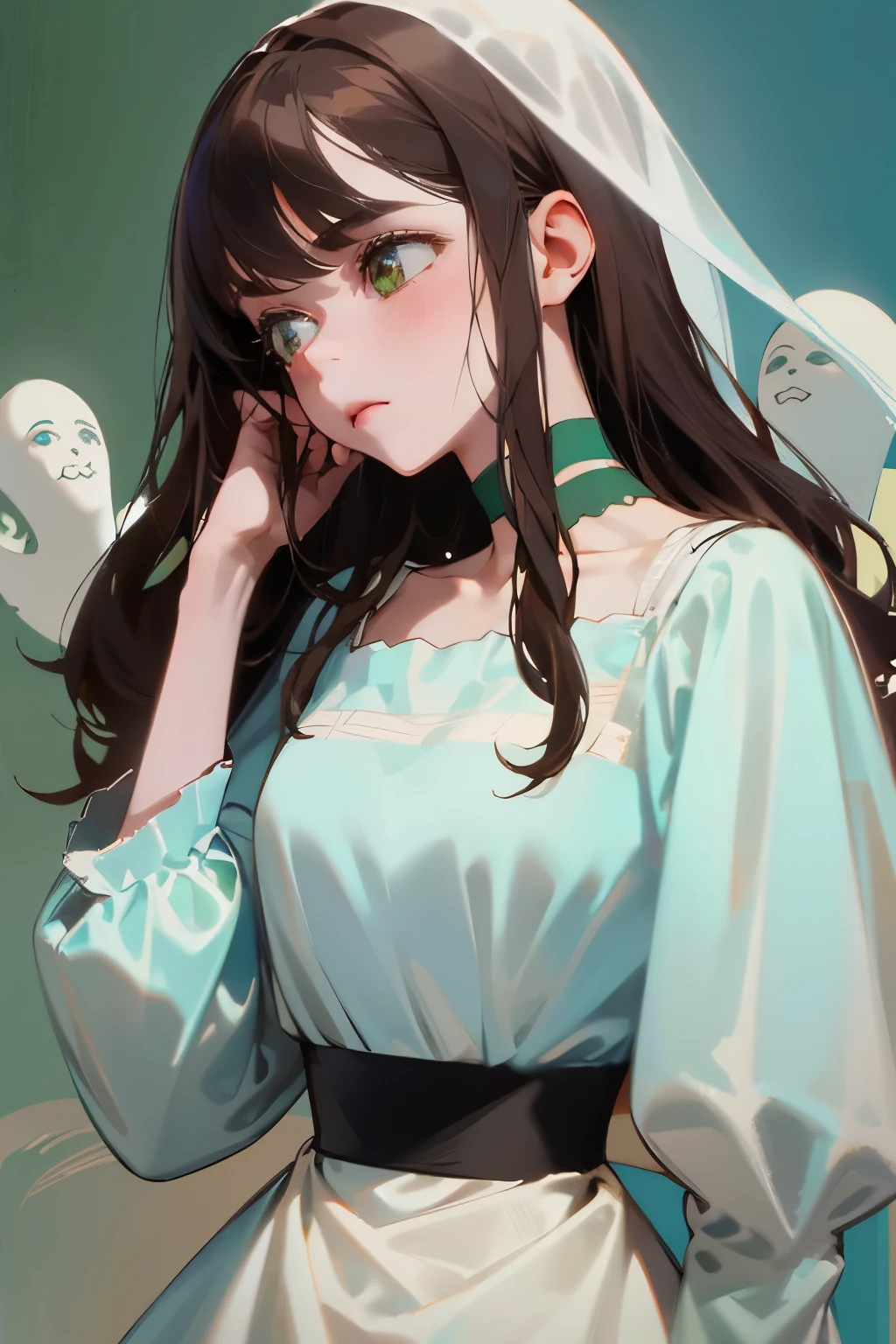 1 girl, solo, headshot, bust up, closeup, brown hair girl, ghost girl, beautiful lady, green eyes, green choker, long brown hair, white square neck dress, white, grey and blue dress, pale colors, mainly white dress, white and grey dress, sad expression, pitiful expression, 1800s style