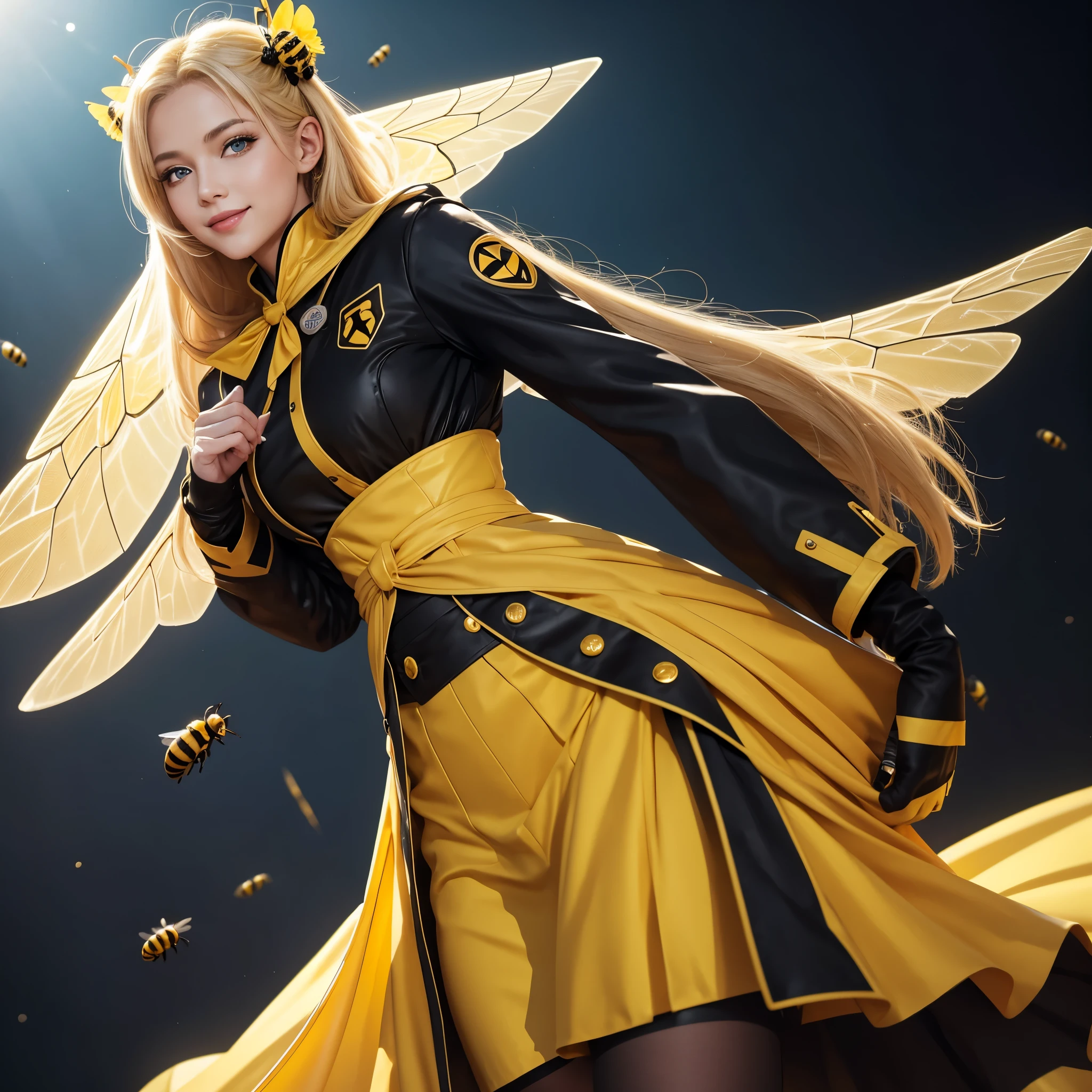 Masterpice, Gorgeous 25 years lady, blond hair, yellow lips, yellow eyes, wearing Bumble long bumblebee bee uniform with long skirt and jacket from black and yellow , high quality 4k resolution, she has bee wings, bee antenna in her head, perfect body shape, with normal , slim legs, very beautiful, cell of Bumble bee with flying in background, warm smile,