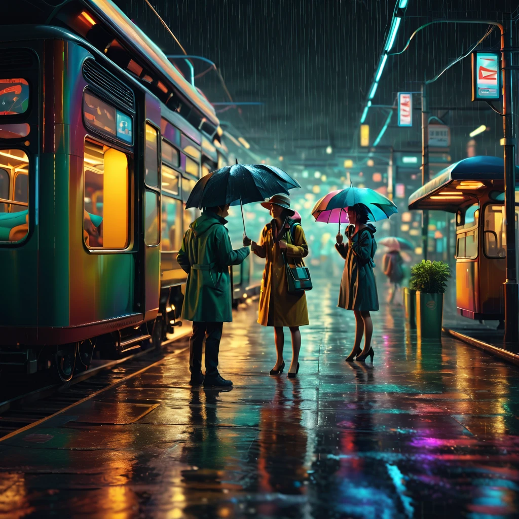 (train station scene:1.5),At a rainy bus stop,A man stands between two women,They are all waiting for the bus to arrive。A man and a woman share a large umbrella,The other woman was holding her own small umbrella。The rain formed puddles on the ground,The lights at the bus stop look particularly warm in the rain。The surrounding environment looks a little hazy due to the rain,But the lights at the bus stop provide them with a warm haven。Both men and women wore rainy-weather clothing,man wearing a hat,The women wore light raincoats。Despite the bad weather,But they seemed to have a pleasant conversation,This makes the whole scene full of human touch and warmth,Let the picture pay more attention to the expression of nature and environment,3D rendering miniature scene design,miniature diorama,Transparent material,Pipe conveying materials,rich and colorful,futuristic,Graphic design inspiration illustration,emerging rendering,mixer,Unreal Engine,HDR, HD,best quality