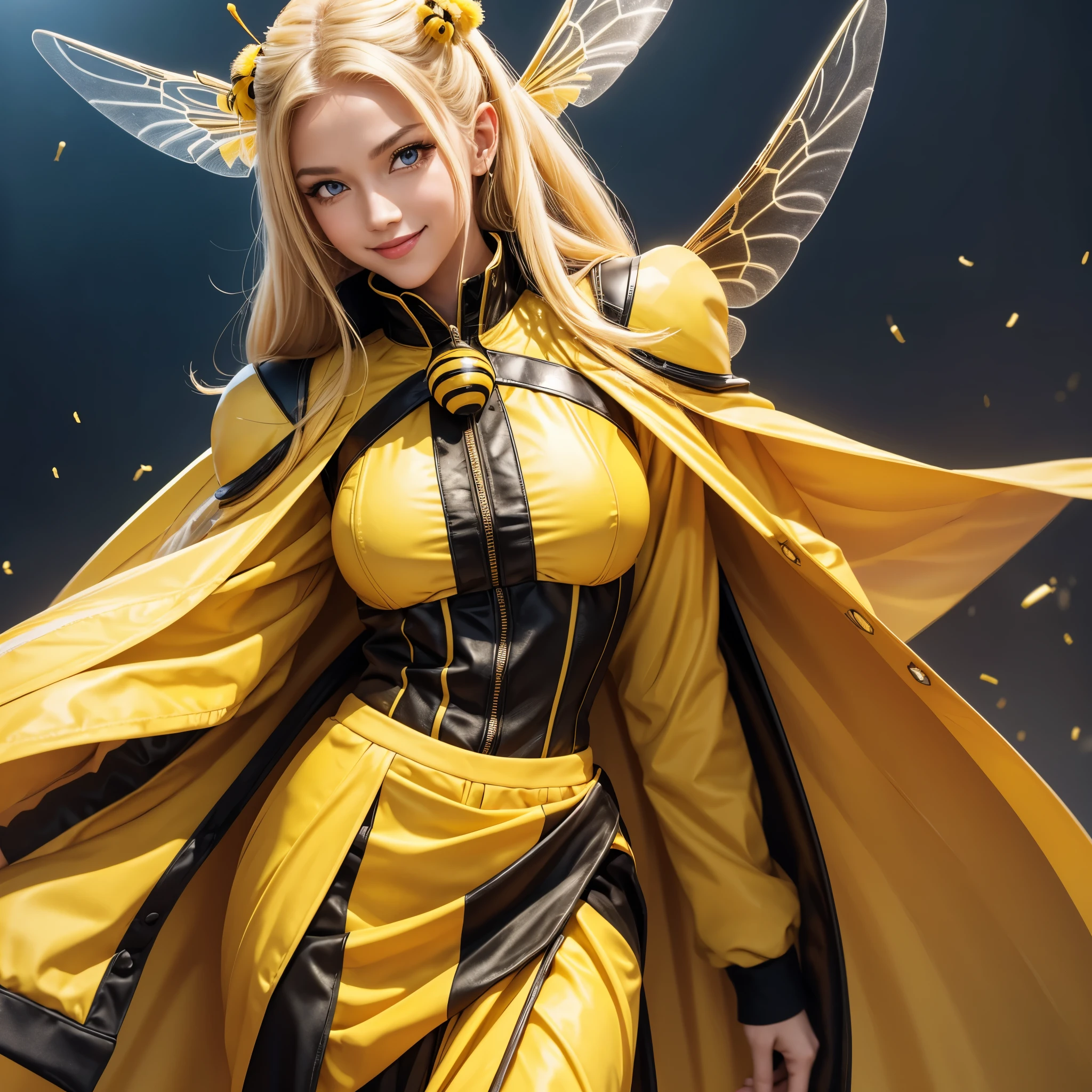 Masterpice, Gorgeous 25 years lady, blond hair, yellow lips, yellow eyes, wearing Bumble long bumblebee bee uniform with long skirt and jacket from black and yellow , high quality 4k resolution, she has bee wings, bee antenna in her head, perfect body shape, with normal , slim legs, very beautiful, cell of Bumble bee with flying in background, warm smile,