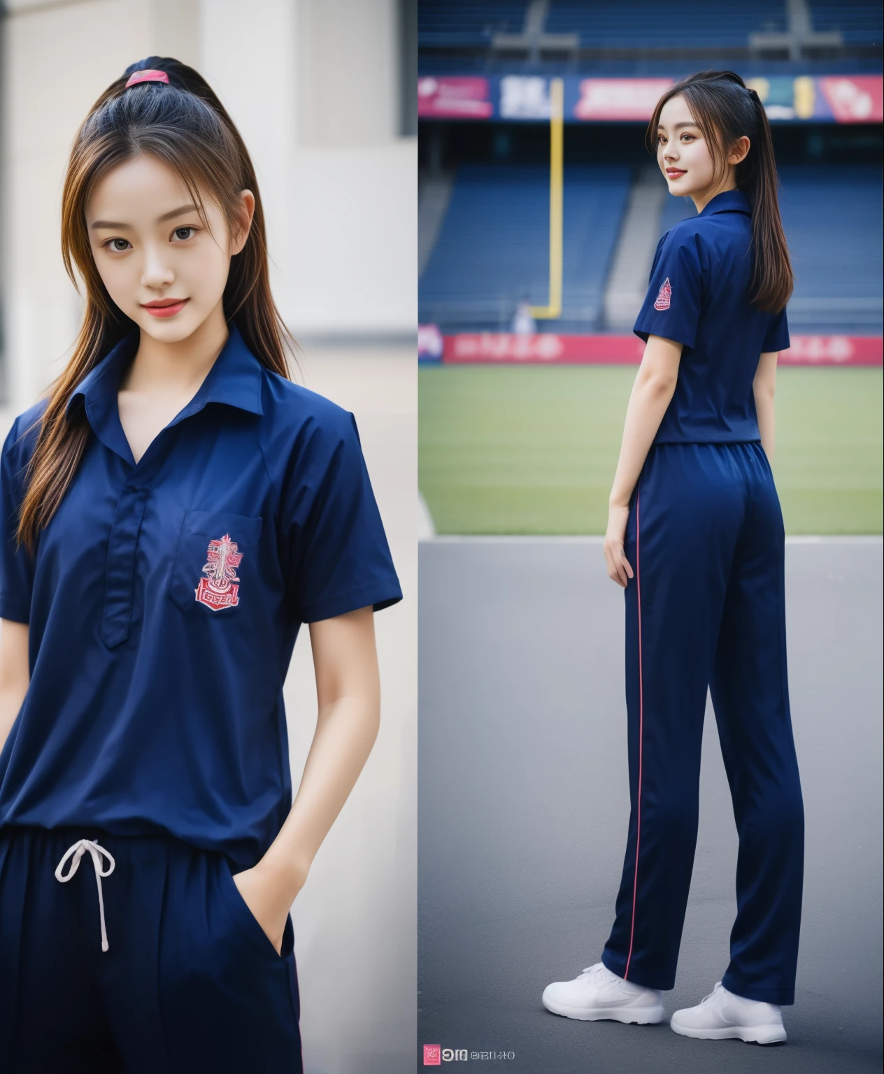 (best quality,10,10,height,Masterpiece:1.2),Special details,(realistic,ภาพrealistic,Realistic photos:1.37),1 cute girl on the football field,shiny, ผิวshiny,only,smile softly,BDclothelue shirt:1.3)),short sleeve,shirt, กางเกงขาlong.,(navy_long_track pants:1.1), ((stadium background:1.3)),Dynamic angle,excited,Face focus,dynamic poses,from behind,focus on ass,Masterpiece, best quality, ultra realistic, hyper-detail, 8K resolution, raw photos, Sharp focus, ((Navy blue shirt:1.1)), short sleeve, เส้นทางlong, perfect body, 2 mature women, 18 years old, Cinema-grade lighting system,blue sweatpants,shirtผ้าออกกำลังกาย,correct anatomy,perfect body, correct body, Sharp face, correct bodyทางกายวิภาค, full body, realistic gestures, long-haired, realistic poses,Wear long shorts................................,ช่วงขาlong,Good shape,carved girl, Slender figure, model, Good shape, beautiful body,blue sweatpants, two girls kissing