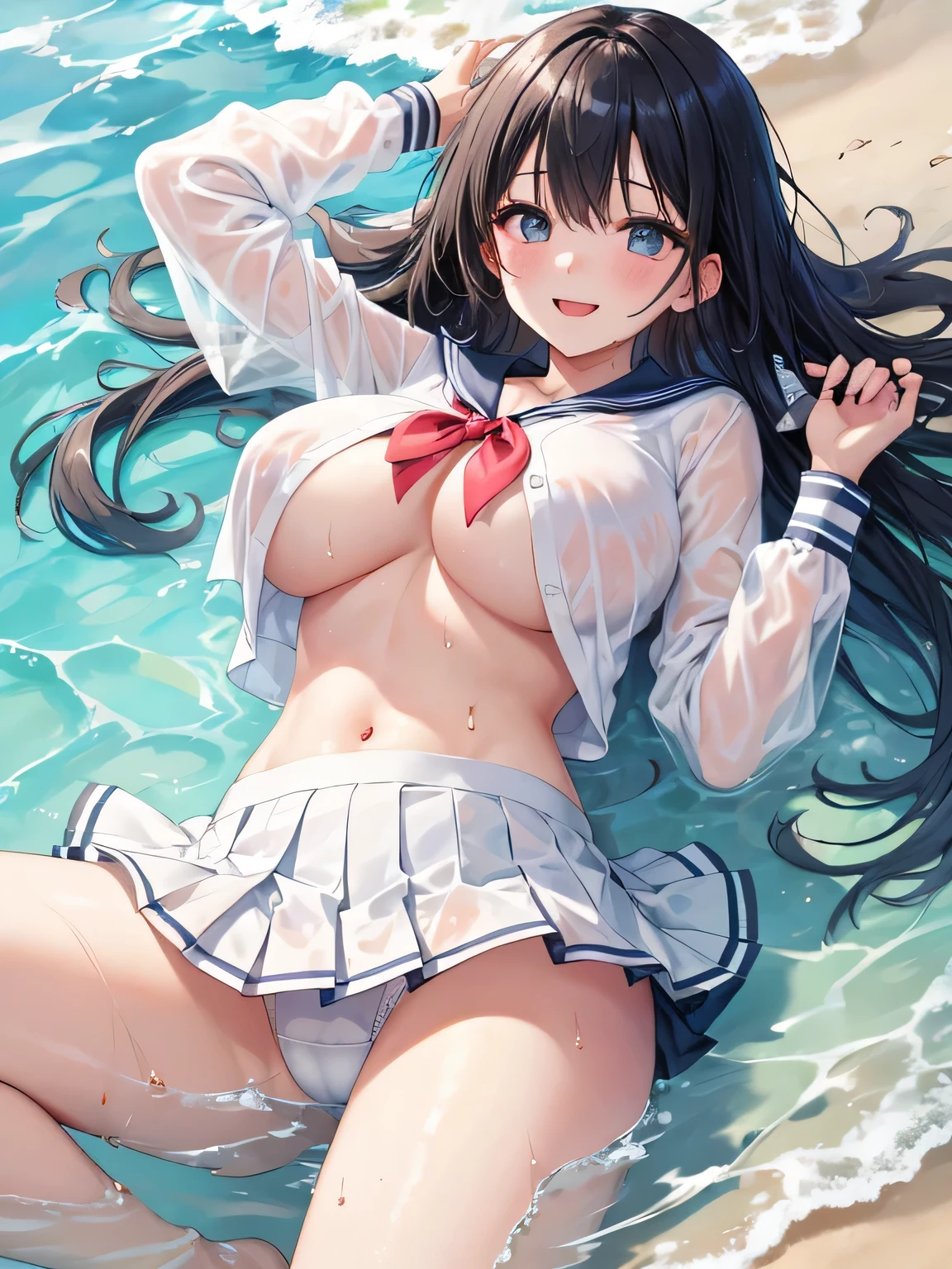 highest quality、High resolution、detailed background、Super detailed、beautiful and detailed face、beautiful and smooth skin、skin texture、professional lighting、Beautiful age girl、(huge breasts:1.3)、black hair、cuteポニーテール、((white thin sailor shirt、Wet白い薄いプリーツのミニスカート、sleeveless))、sleeveless、emphasize the chest、emphasize cleavage、emphasize the underboob、legs open、panty shot、cute、Raise your arms and show your sides、Thin white panties、lying on the beach、No bra、
全身がWet、My clothes are Wet and transparent、Wet、soak in water、See through、
He looked at me with a happy expression.、seems to be happy、sexual expression、panty shot、camel toe