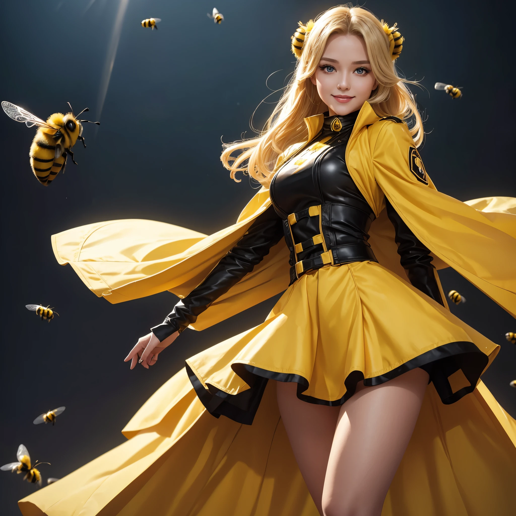 Masterpice, Gorgeous 25 years lady, blond hair, yellow lips, yellow eyes, wearing Bumble long bumblebee bee uniform with long skirt and jacket from black and yellow , high quality 4k resolution, she has bee wings, bee antenna in her head, perfect body shape, with normal , slim legs, very beautiful, cell of Bumble bee with flying in background, warm smile,