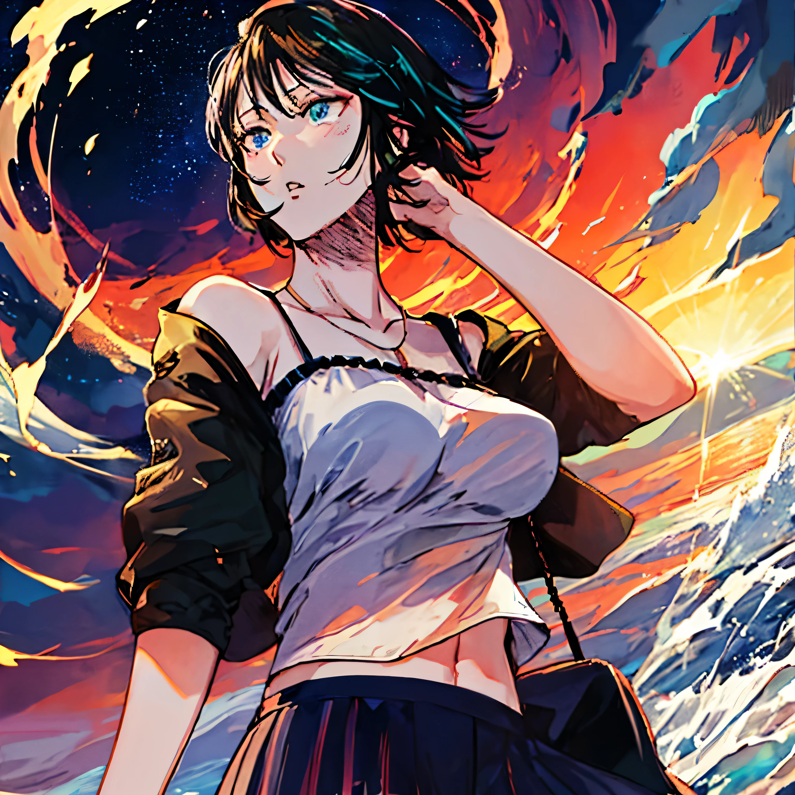 Drawing of a woman wearing a short skirt and top, 黑白comic style, Kentaro Miura'comic style, cartoon character, female anime characters, Kentaro Miura manga style, Attractive anime girl, Characters in anime style, Official character illustrations, anime woman, anime full body illustration, portrait of anime woman, beautiful alluring anime woman, official character art,on the beach,summer,hawaii,精细water,water域,night,starry sky background,《one punch man》Tornado in , Blow blow,high quality, 4k, HD, Nice details(masterpiece, best quality, super detailed ),masterpiece, best quality, stills, spend a night at the beach, gloomy beach,, water, ocean, supportive,night宁静的海滩,Calm and soothing atmosphere"