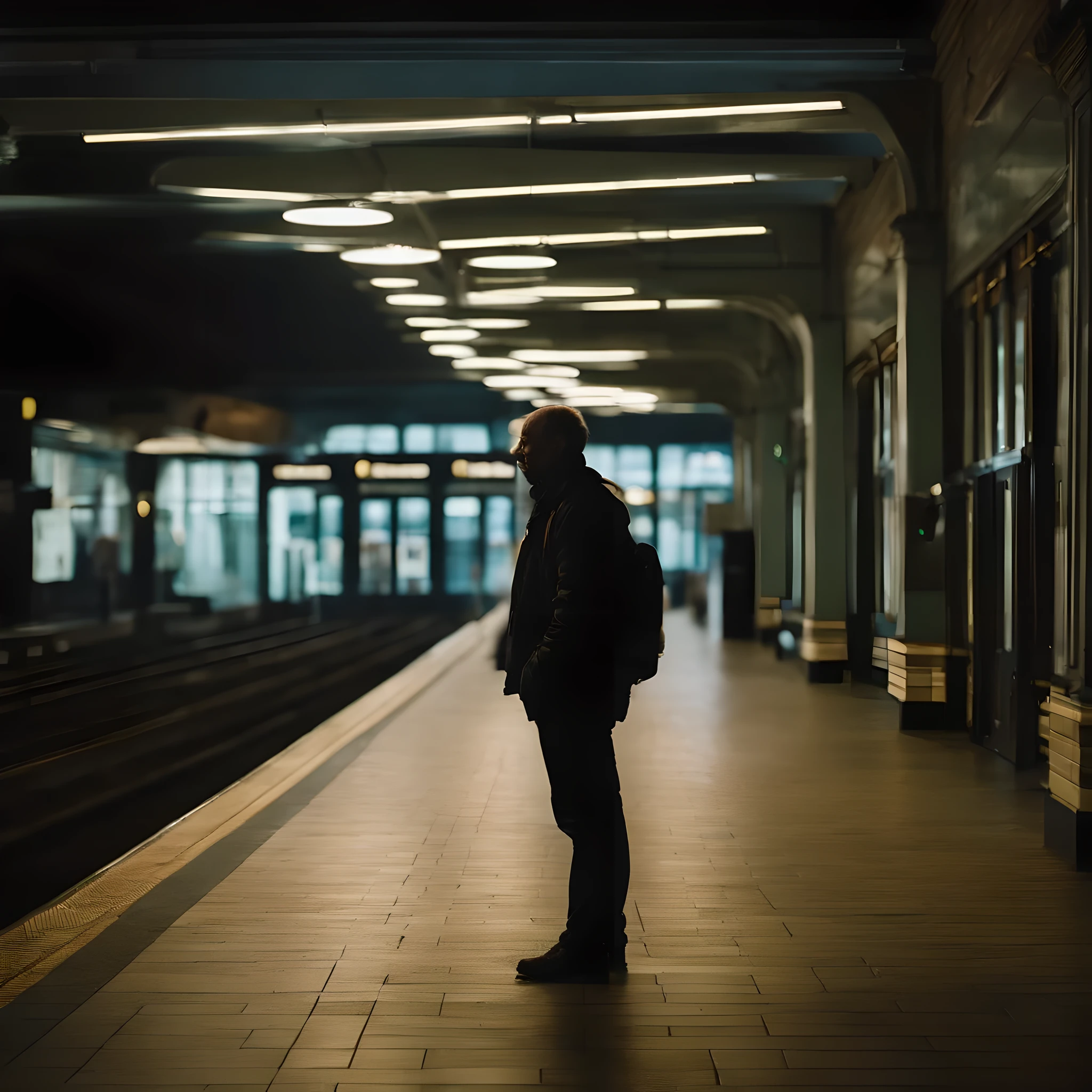 a person standing alone in the Train Station, under a single bright fluorescent light, surrounding tiles reflect the light, casting soft shadows around the individual engrossed in their smartphone, ambiance is quiet, contemplative, with the architectural details of the Station, turnstiles, signs, faintly visible in the periphery, suggesting an urban narrative of isolation amidst the city's rush