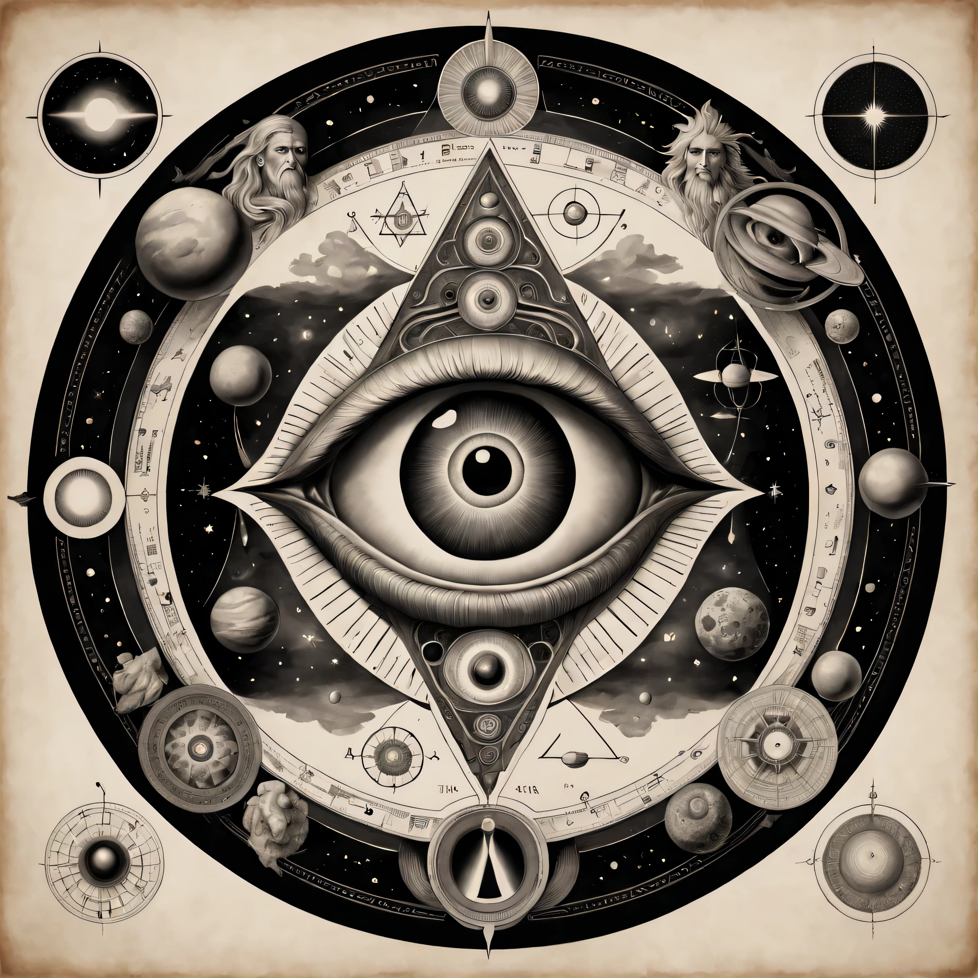 "Create a highly detailed, monochromatic circular illustration that features an all-seeing eye at the center, surrounded by various symbols of science, technology, mysticism, and philosophy. Include intricate geometric patterns and cosmic elements like stars and planets, as well as symbols representing human evolution, innovation, and the quest for knowledge. The artwork should have a vintage engraving style, reminiscent of an alchemical diagram or an ancient artifact, with a balanced and symmetrical composition."