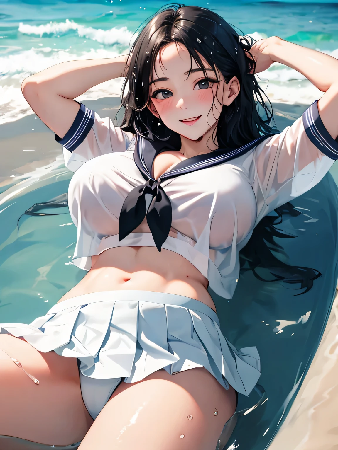 highest quality、High resolution、detailed background、Super detailed、beautiful and detailed face、beautiful and smooth skin、skin texture、professional lighting、Beautiful age girl、(huge breasts:1.3)、black hair、cuteポニーテール、((white thin sailor shirt、Wet白い薄いプリーツのミニスカート、sleeveless))、sleeveless、emphasize the chest、emphasize cleavage、emphasize the underboob、legs open、panty shot、cute、Raise your arms and show your sides、Thin white panties、lying on the beach、No bra、
全身がWet、My clothes are Wet and transparent、Wet、soak in water、See through、
He looked at me with a happy expression.、seems to be happy、sexual expression、panty shot、camel toe