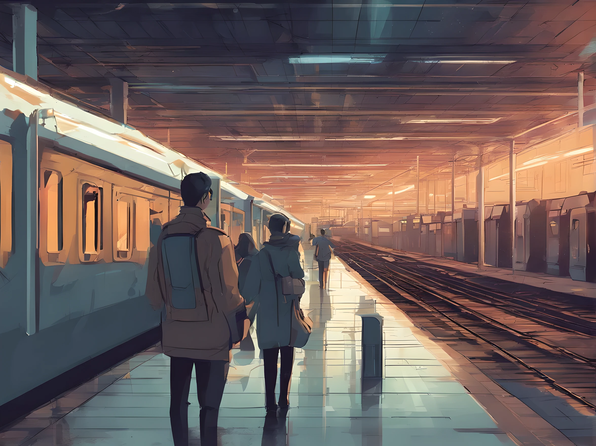 a person standing alone in the Train Station, under a single bright fluorescent light, surrounding tiles reflect the light, casting soft shadows around the individual engrossed in their smartphone, ambiance is quiet, contemplative, with the architectural details of the Station, turnstiles, signs, faintly visible in the periphery, suggesting an urban narrative of isolation amidst the city's rush