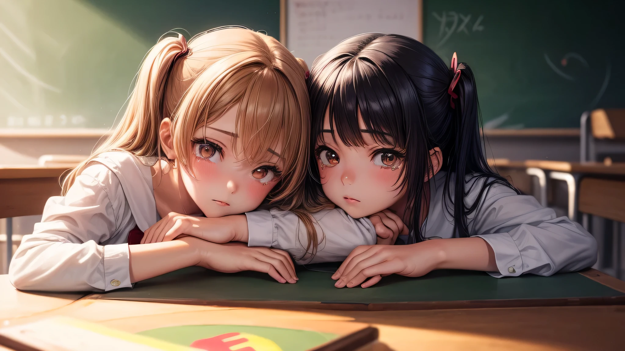 (1young girl:1.3), twintails, brown eyes, model, Enchanting, Sublime,  indoors, (anime illustration), school, classroom, sunset, alone, (Heart shape written on blackboard with chalk:1.3), tears in her eyes