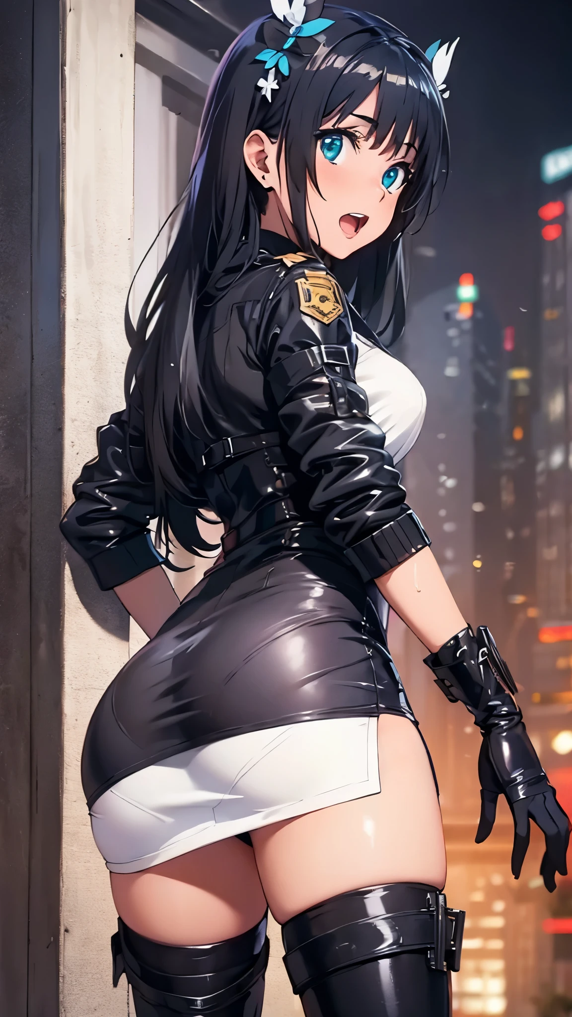 woman,,,city,night,(((white and blue tight miniskirt bodysuit))),,open mouth smile((leather thigh high boots))(See-through),(()),((Saten Ruiko)),blush、surprised face,((())),((look back))(wet with sweat)Reflecting the buttocks