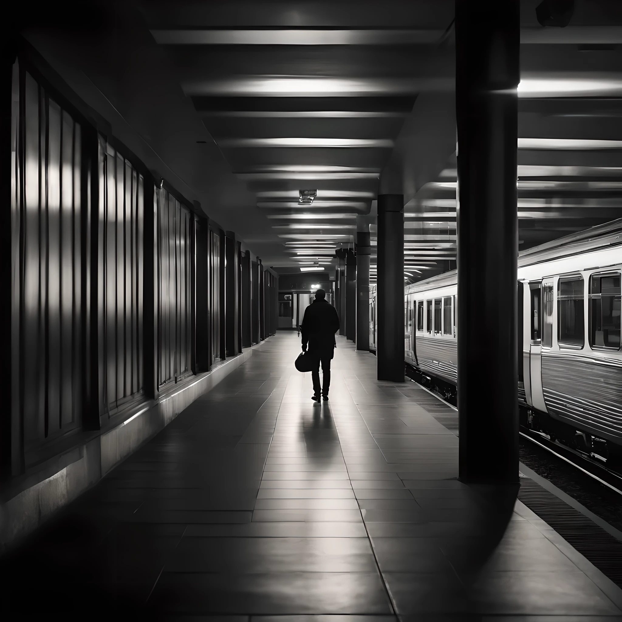 a person standing alone in the Train Station, under a single bright fluorescent light, surrounding tiles reflect the light, casting soft shadows around the individual engrossed in their smartphone, ambiance is quiet, contemplative, with the architectural details of the Station, turnstiles, signs, faintly visible in the periphery, suggesting an urban narrative of isolation amidst the city's rush