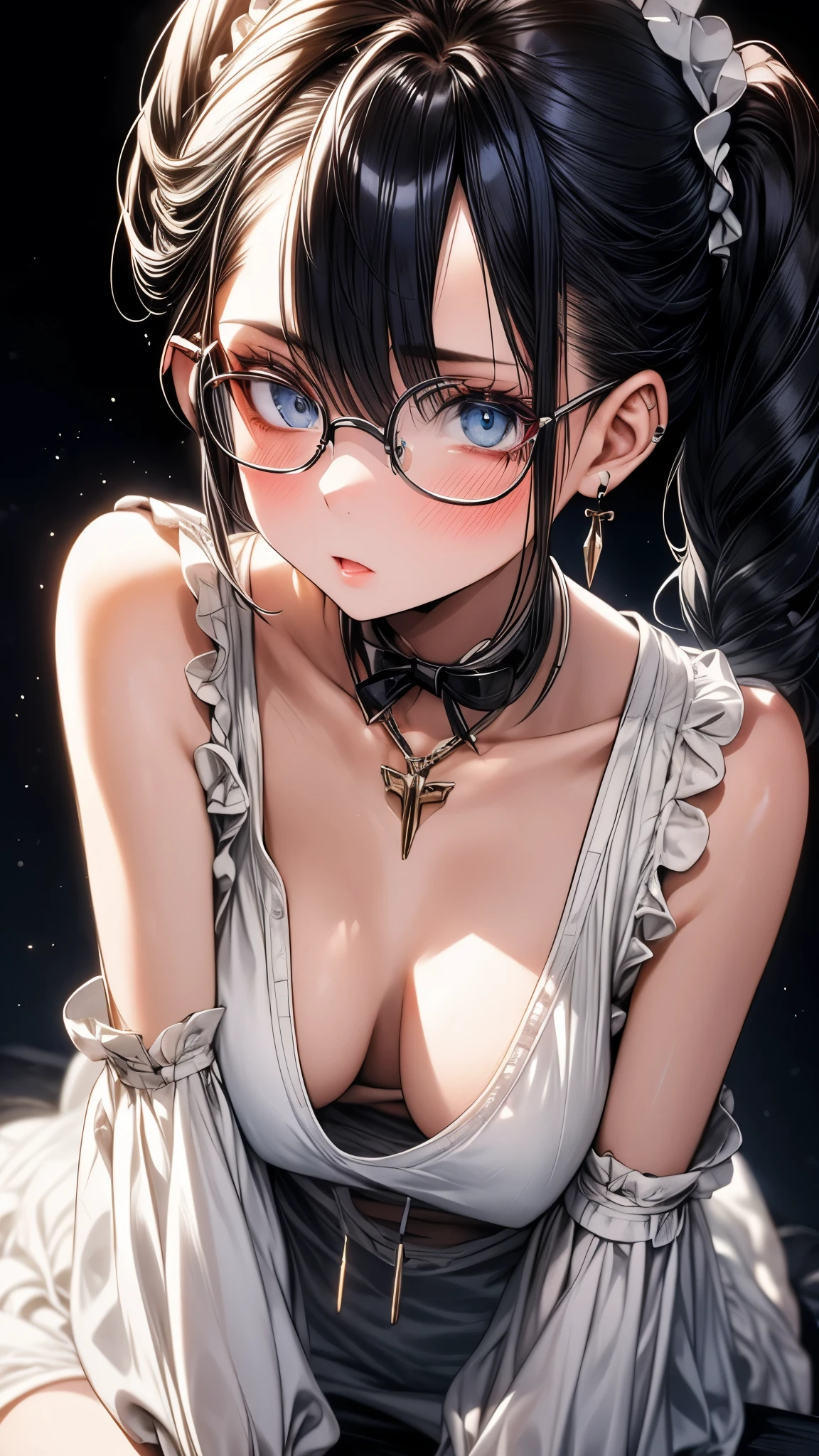 1 female,black hair, ,((impatient look)),beautiful breasts,thin white tank top,good style,,(facing the front)(((cheeks turn red、surprised expression)),(((Underponytail))),((( upper body portrait)))frameless glasses,blue eyes,(((The bangs are even)))((See-through))sexy bra(wet state)
