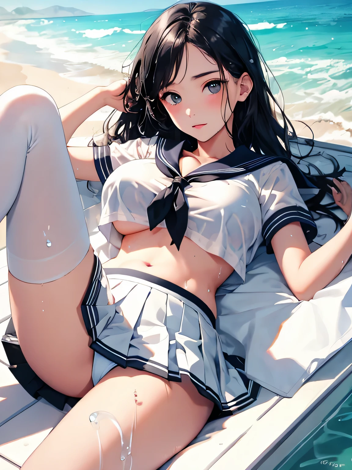 highest quality、High resolution、detailed background、Super detailed、beautiful and detailed face、beautiful and smooth skin、skin texture、professional lighting、Beautiful age girl、(huge breasts:1.3)、black hair、cuteポニーテール、((white thin sailor shirt、Wet白い薄いプリーツのミニスカート))、Thin white knee high socks、sleeveless、emphasize the chest、emphasize cleavage、emphasize the underboob、legs open、panty shot、cute、Raise your arms and show your sides、Thin white panties、lying on the beach、No bra、
全身がWet、My clothes are Wet and transparent、Wet、soak in water、See through、
looking at me with cold eyes、sexual expression、panty shot、camel toe