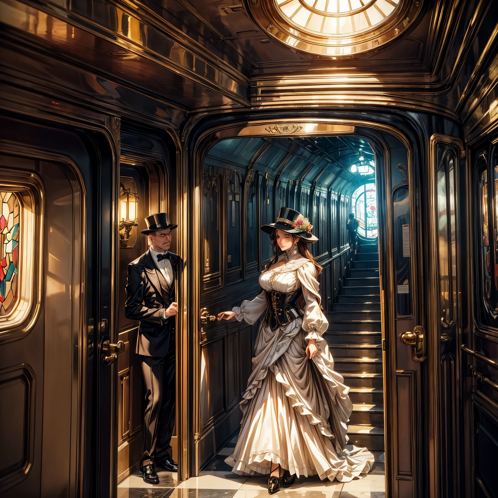 (best quality,4k,8k,highres,masterpiece:1.2),ultra-detailed,(realistic,photorealistic,photo-realistic:1.37),steam punk,a luxurious Train Station,spotlessly clean,several steam punk entertainment gadgets are present,golden steam-powered machines,exquisite clockwork mechanisms,elaborate brass gears and cogs,steaming pipes and valves,ornate Victorian architecture,impeccably polished marble floors,vintage leather-upholstered seating,gleaming crystal chandeliers,elegant top hats and corsets,curved wrought-iron staircases,copper-clad ticket booths,an opulent waiting lounge with plush velvet seats,an old-fashioned ticket conductor standing at the platform,steam-powered trains arriving and departing with a majestic hissing sound,couples in elegant attire waiting to board the train,a sense of excitement and anticipation in the air,beautifully painted vintage train carriages,puffs of steam billowing from the engines,strategically placed gas lamps casting a warm glow,sounds of clinking tea cups and laughter from a nearby café,vivid colors of rich burgundy,deep emerald green,and shimmering gold,all perfectly illuminated by the soft natural light streaming through large stained glass windows,captured in a timeless moment of Victorian elegance and steam-powered marvels.