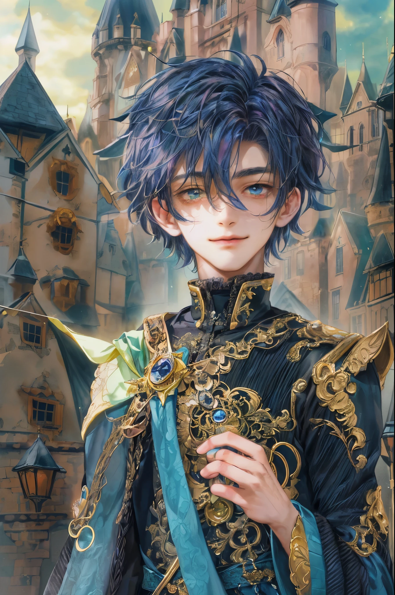 ((absurdres, highres, ultra detailed, perfect face), 1 boy , front view, young boy, handsome boy villain character from sugar sugar rune, short hair, anime eyes, mage clothes with colorful details, eyes on the viewer, add red details to picture and smirk, dimples, extremely detailed CG unity 8k wallpaper, add blue details on side, intricate details and add yellow details on left, rose ornaments, witch castle background, detailed houses town scenery window background, tim burton style theme