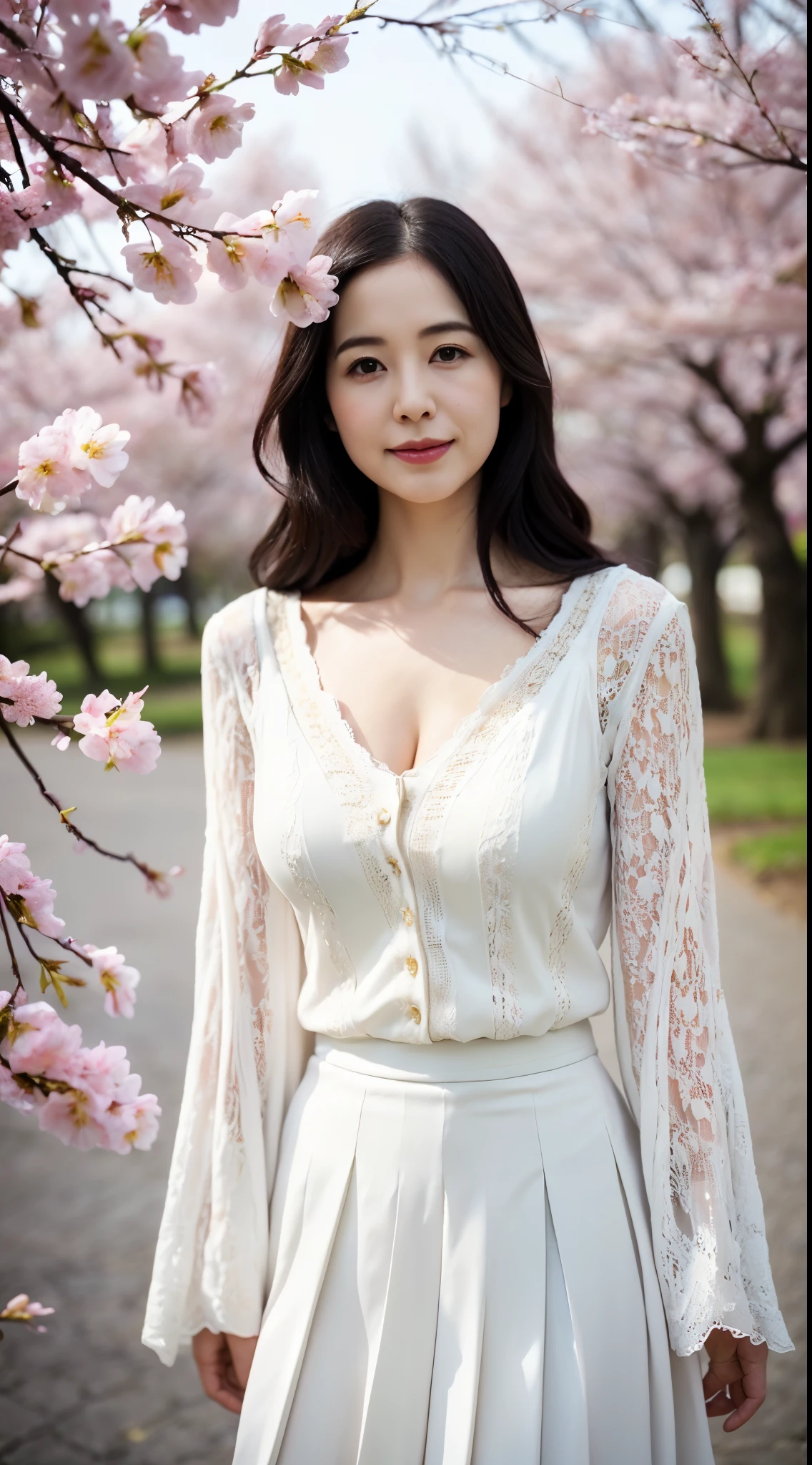 NSFW, ((最high quality, 8k, masterpiece, portrait: 1.3)), photorealism, Similar to portrait photography, intense natural light, soft lighting, 8k, high quality, (Park with a pond), ((One big cherry tree)), (A woman looking up at the cherry blossoms alone,) ((Look up at the cherry blossoms above your head)), ((Eyes diagonally to the left)), (gentle expression), (smile), (lips slightly open), (white lace blouse), (spring long cardigan), (cleavage), (pleated long skirt), (high heels),