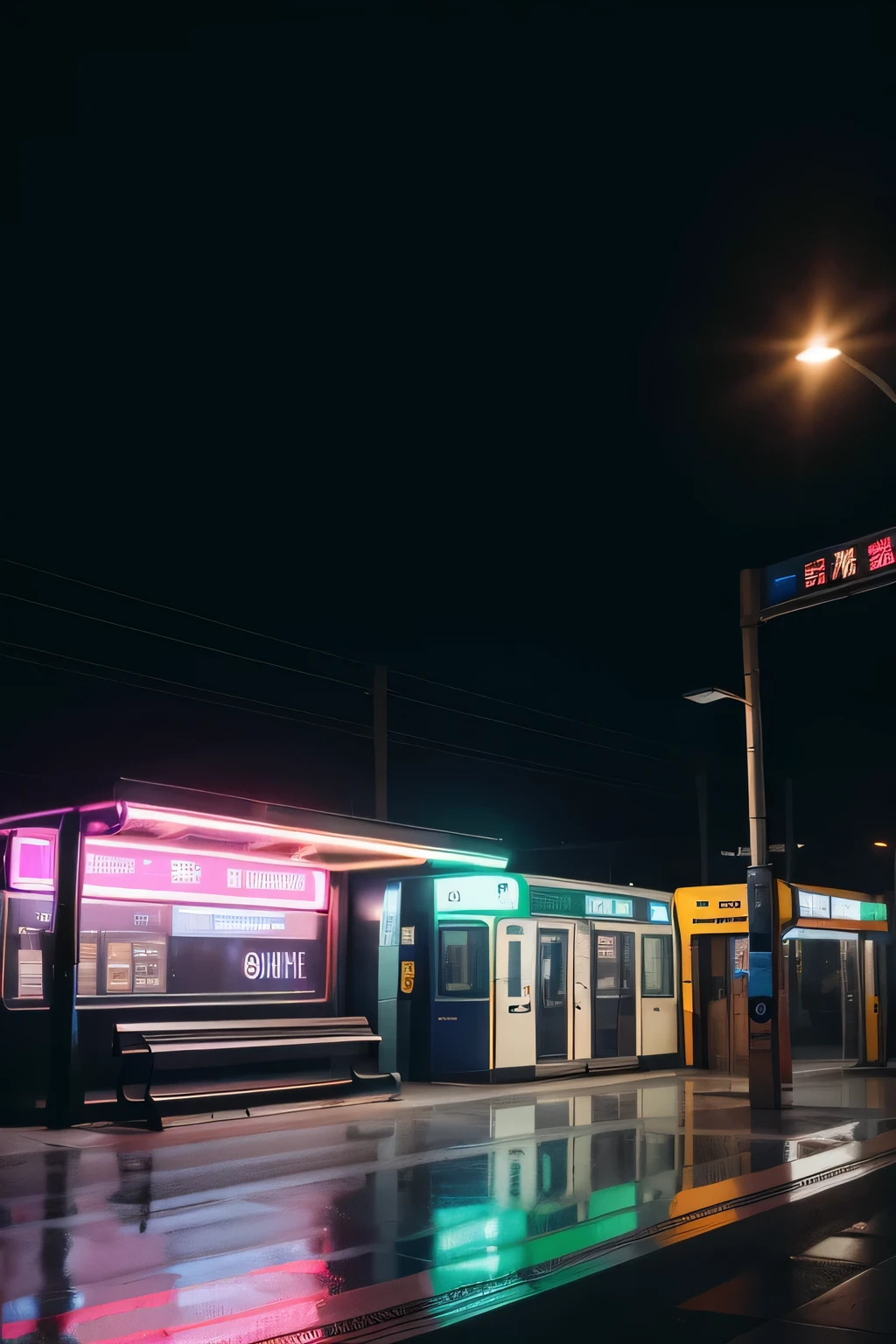 there is a bus stop with a bench and a street light, dark city bus stop, Peripheral LED lights, cyberpunk bus stop, metro station, bus station, bus stop, soviet bus stop, monorail station, illumination, lined with neon tubes, glowing street sign