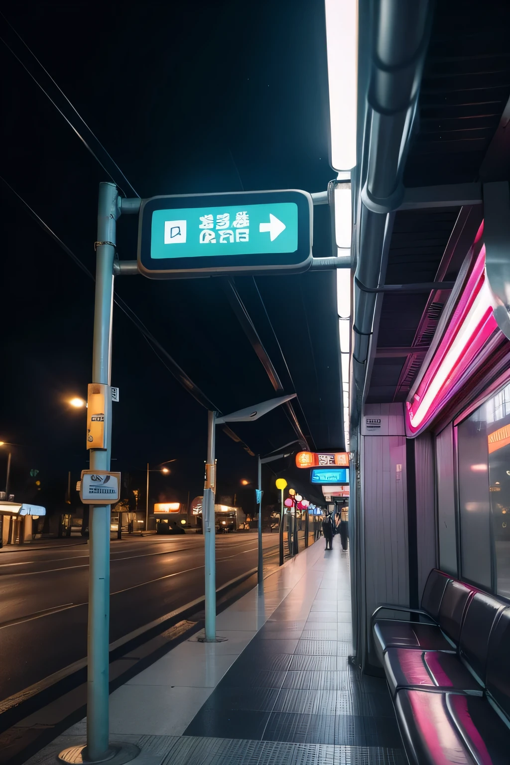 there is a bus stop with a bench and a street light, dark city bus stop, Peripheral LED lights, cyberpunk bus stop, metro station, bus station, bus stop, soviet bus stop, monorail station, illumination, lined with neon tubes, glowing street sign