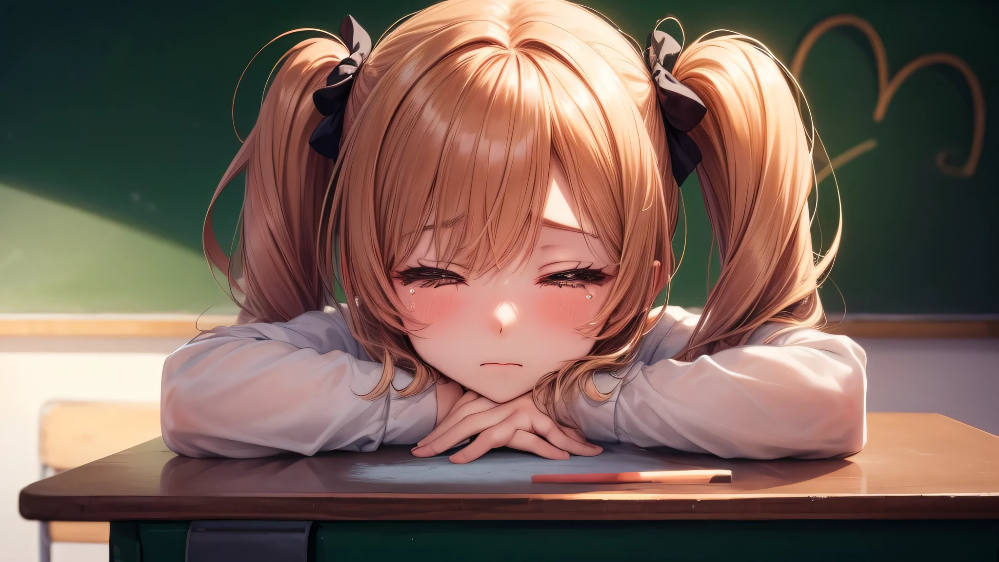 (1ung girl:1.3), twintails, brown eyes, model, Enchanting, Sublime, indoors, (anime illustration), school, classroom, sunset, alone, (Heart shape written on blackboard with chalk:1.3), tears in her eyes, (doze off, close both eyes),