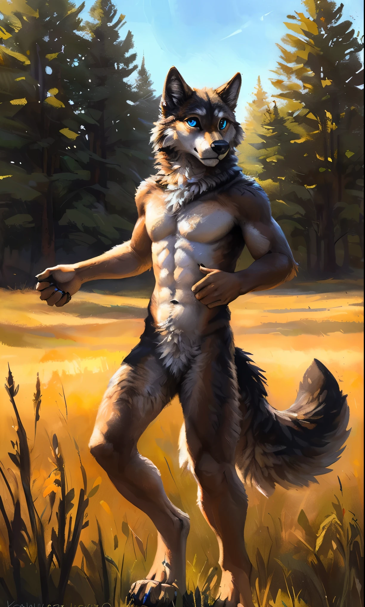 ((Solo)), male people, anthro wolf, (Multi-colored fur, White-brown:1.3,White tail pointed), (Height 2.1m,Tail length 1.5m), ((Wolf face, Big eyes, White eyelids, Blue pupil, Slim:1.2) (Tough, Calm expression:1.2)), Abs, Slim, pinging)), (Correct anatomy), Naked all over the body,A long big tail,Feet,(Realistic fur, Detailed fur texture, labeled:1.3)), (Natural lighting), Photorealistic, Hyperrealistic, ultradetailed, by Kenket,Field,No artifacts