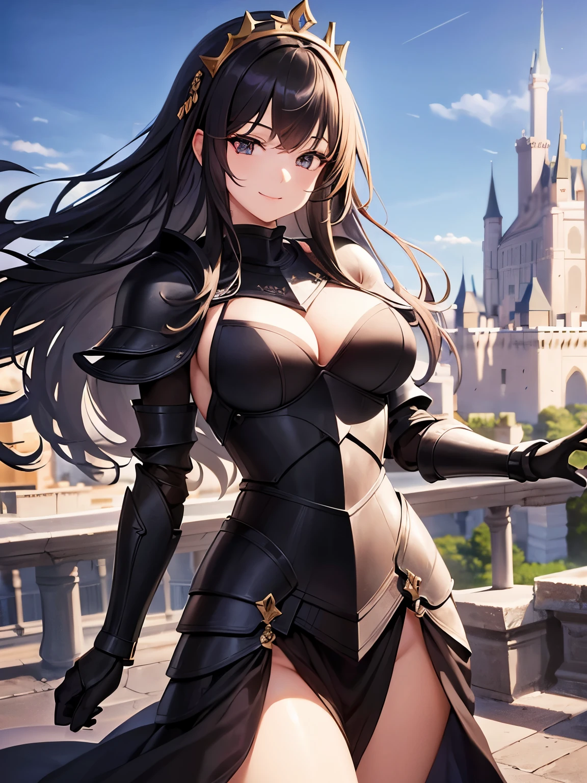 ((masterpiece, Best Quality)), ((hight resolution)), (photos realistic), Best Shadow, high detailing, Very detailed, (nice hand, Perfect hands), (Face Focus:1.2), ((1 girl)), Beautiful Girl, 25 years old, (black long Hair:1.5), (normal breasts:1.3), (view from front), (Very slender:1.3), (Cute face:1.3), (look at viewer:1.4), detailed facial features,droopy eyes, Crisp focus, perfect beautiful body and face, Perfectly focused, Long bangs, (in the castle:1.4), (enchanting smile:1.5), ((fantasy)), (black eyes), ((black armor:1.5)), standing, (gold tiara), standing