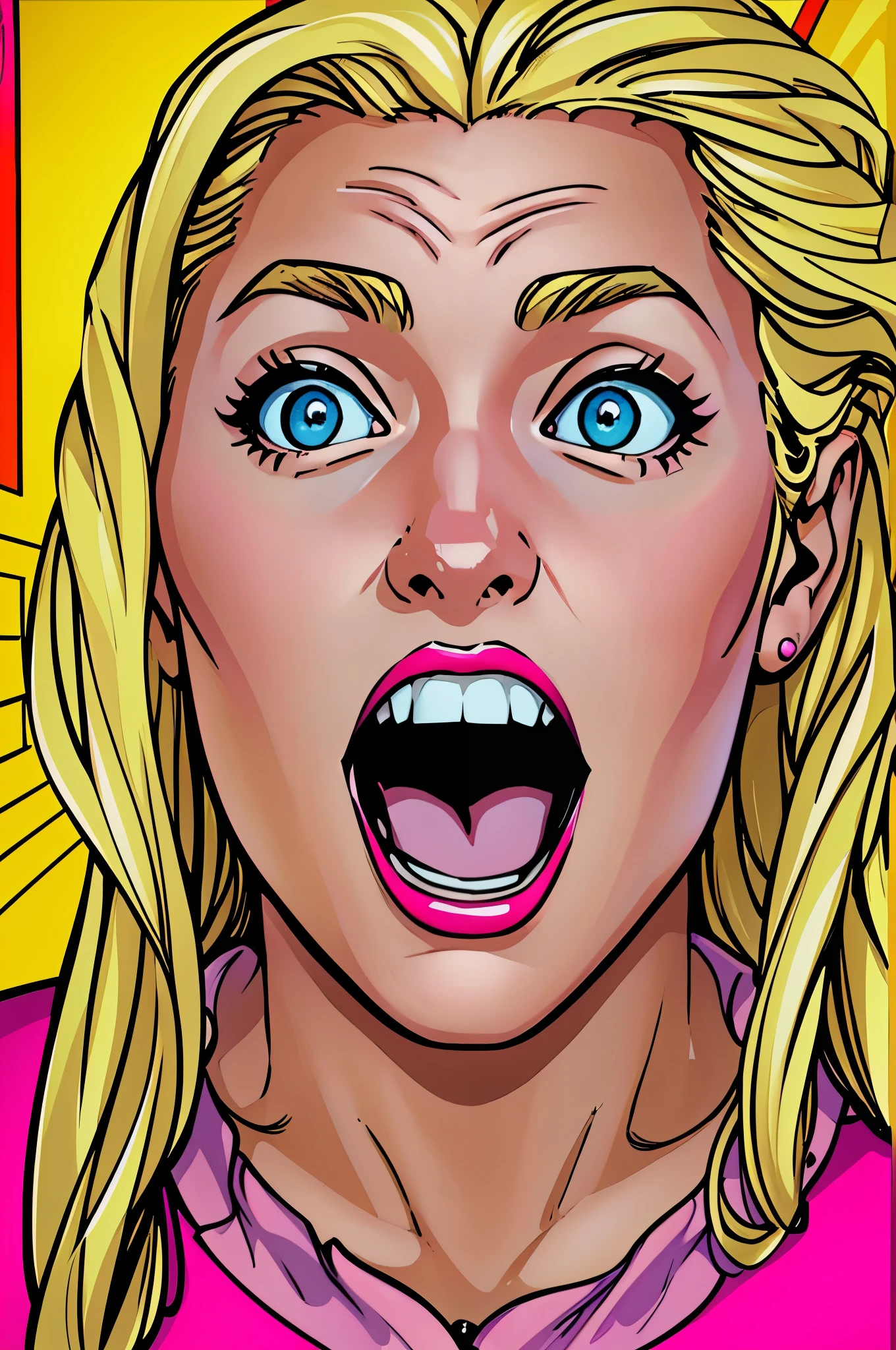 masterpiece, best quality, extremely detailed, pop art, hyperrealistic, photorealistic, a pretty woman, blond hair, happy, surprised:1.1, open mouth, pink tops, speech bubble
