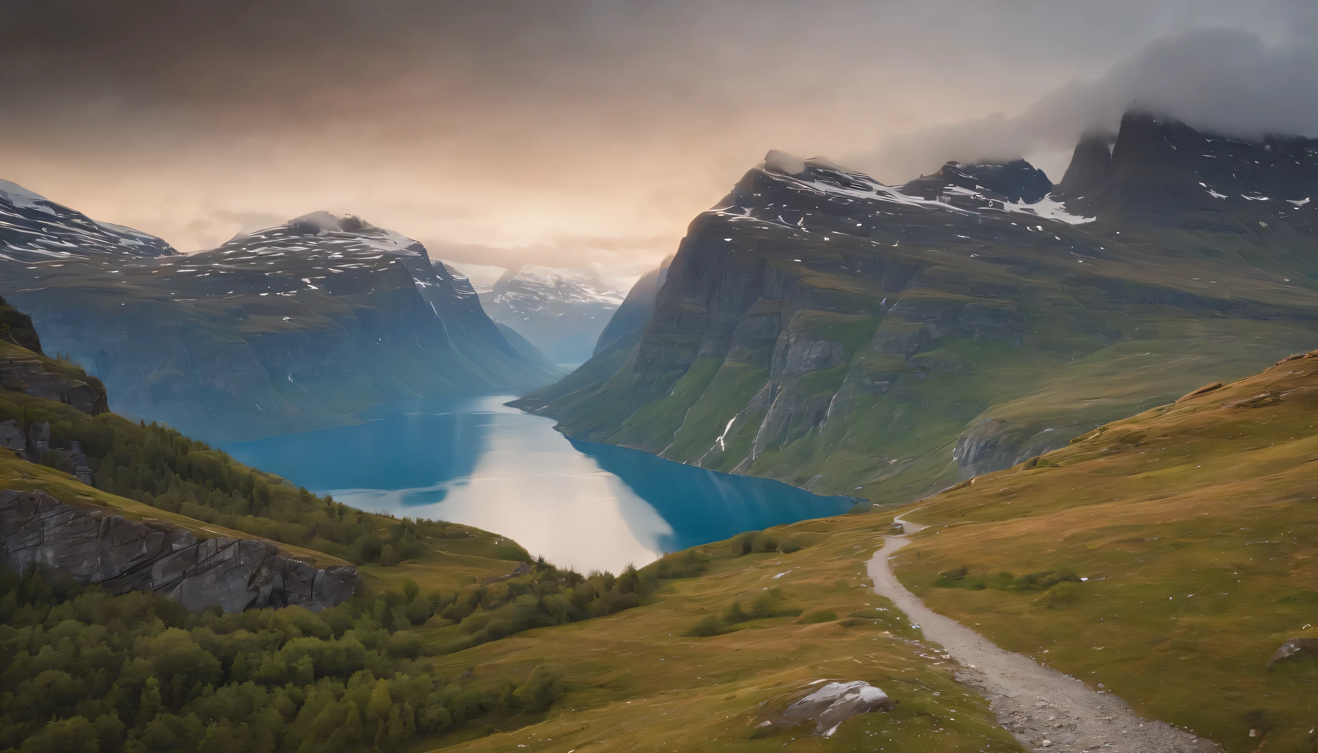 (Highly detailed CG Unity 8k wallpaper、masterpiece、highest quality、Super detailed)、(best lighting、best shadow、very delicate and beautiful)、highest quality、8k、Detailed facial depiction、masterpiece、highest quality、clear image quality、
pictures of norwegian landscapes'high mountains and glaciers。