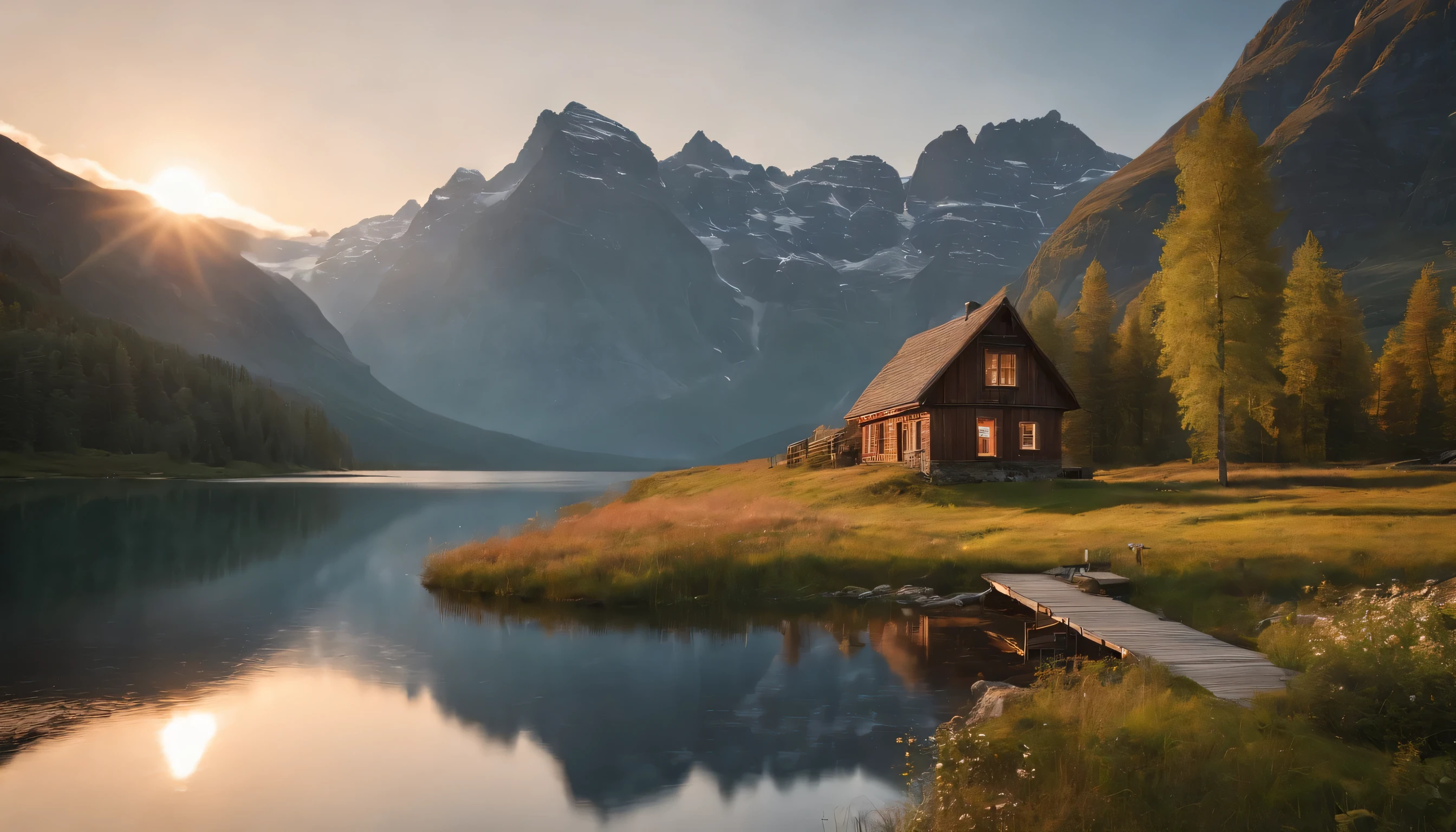 (Highly detailed CG Unity 8k wallpaper、masterpiece、highest quality、Super detailed)、(best lighting、best shadow、very delicate and beautiful)、highest quality、8k、Detailed facial depiction、masterpiece、highest quality、clear image quality、
norwegian mountains々sunset and sunrise々Photo of a beautiful landscape lit by a lake.。