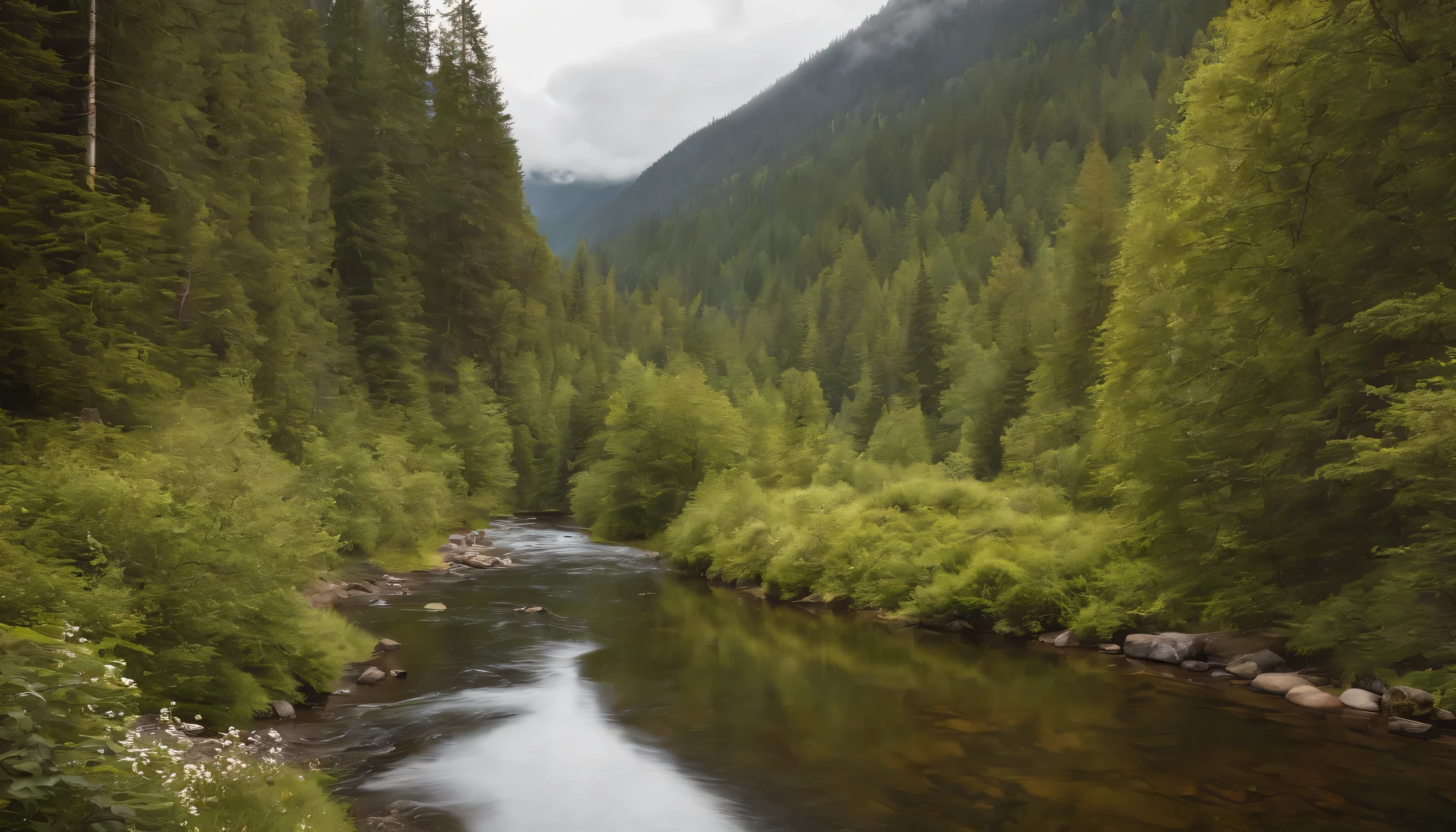 (Highly detailed CG Unity 8k wallpaper、masterpiece、highest quality、Super detailed)、(best lighting、best shadow、very delicate and beautiful)、highest quality、8k、Detailed facial depiction、masterpiece、highest quality、clear image quality、
A photo of a Norwegian forest and a clear stream flowing through the forest as seen from the train window.。