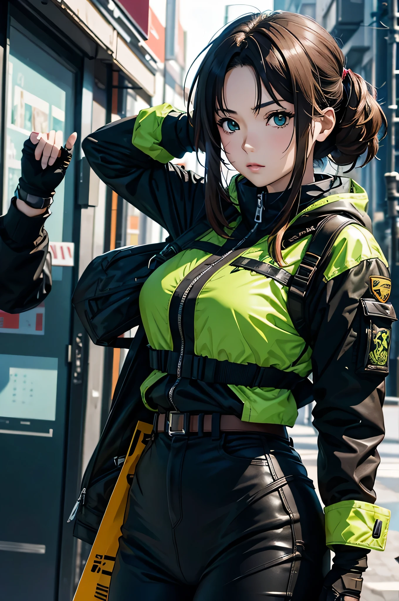 In a yoji shikawa style, an attractive young brunette with green eyes --ar 8:5
