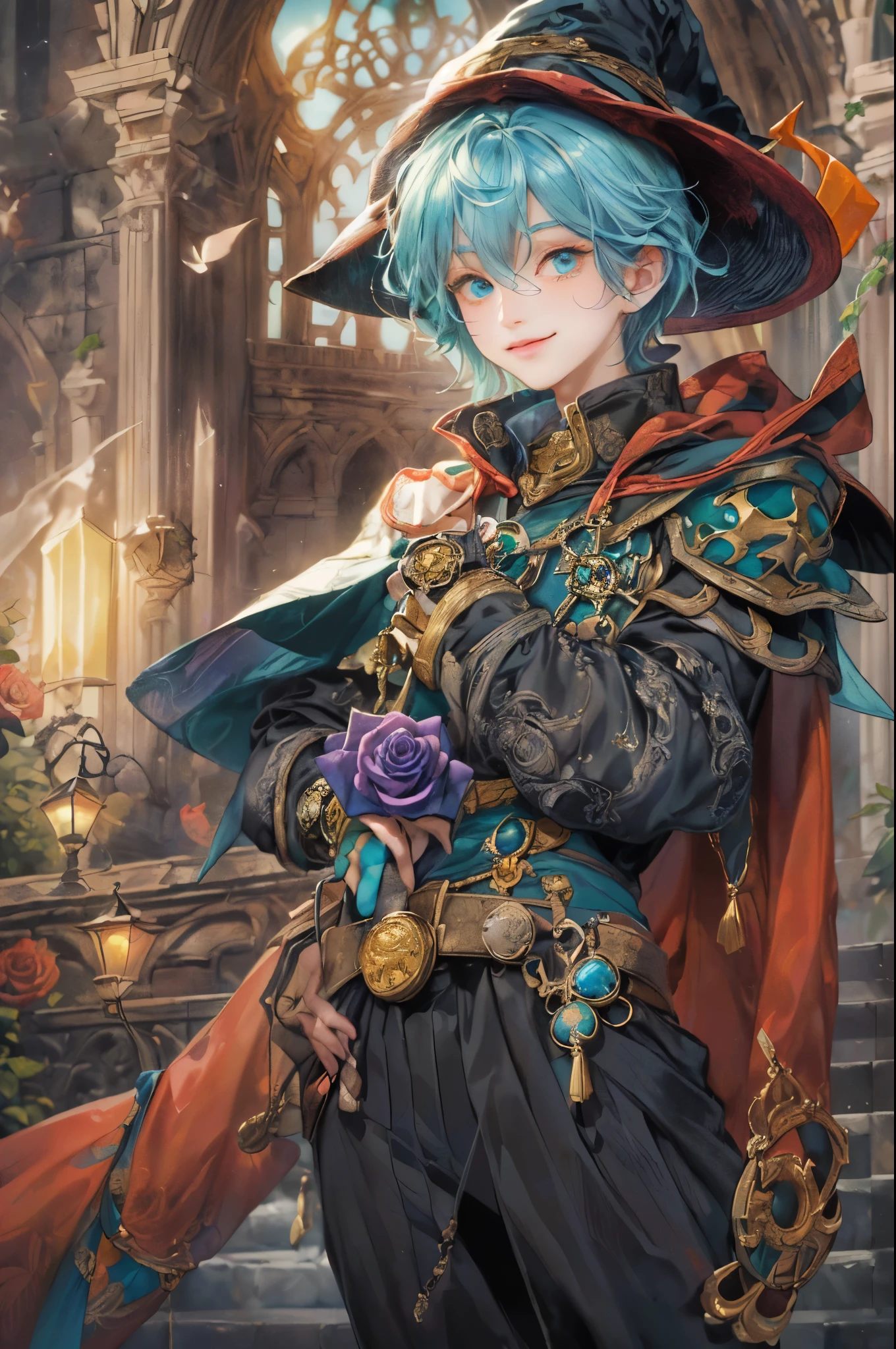 ((absurdres, highres, ultra detailed), 1 boy , front view, young boy, handsome boy villain character from sugar sugar rune, detailed hair with detailed headgear ornaments, detailed short hair, anime eyes, detailed mage clothes with little purple details showing,finely detailed eyes red details showing and detailed face, smirk, dimples, extremely detailed CG unity 8k wallpaper, blue details on side, intricate details yellow details on left, portrait, ruin of pink roses, market theme, eyes on viewer, detailed houses town scenery background