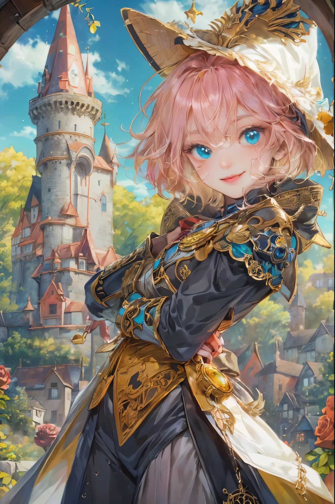 (((absurdres, highres, ultra detailed, perfect face), 1 boy , front view, young boy, handsome boy villain character from magic knight reyearth, short hair, anime eyes, mage clothes with colorful details, eyes on the viewer, add red details to picture and smirk, dimples, extremely detailed CG unity 8k wallpaper, add blue details on side, intricate details and add yellow details on left, bit of rose ornaments, witch castle background, detailed houses town scenery window, tim Burton style theme