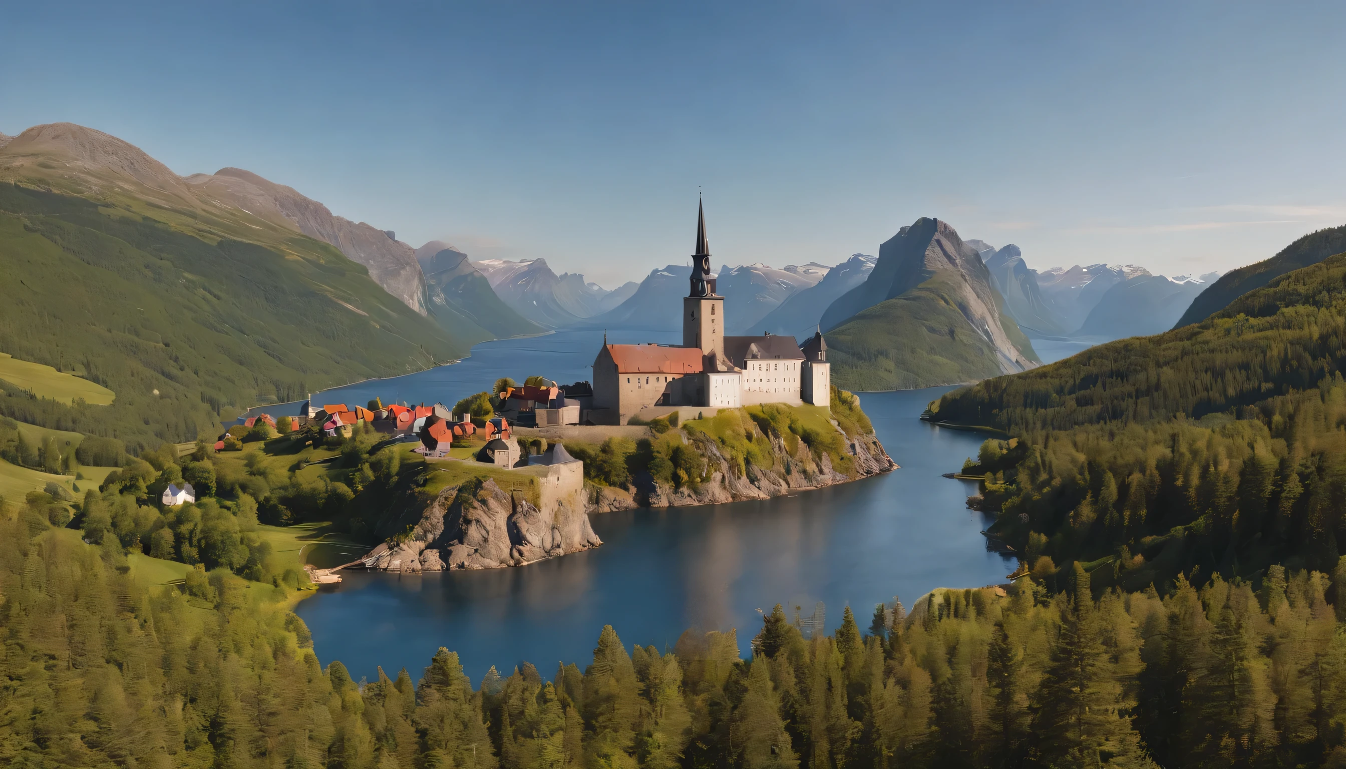 (Highly detailed CG Unity 8k wallpaper、masterpiece、highest quality、Super detailed)、(best lighting、best shadow、very delicate and beautiful)、highest quality、8k、Detailed facial depiction、masterpiece、highest quality、clear image quality、
Photos of Norwegian landscapes'Old castles and churches that shine against the blue sky。