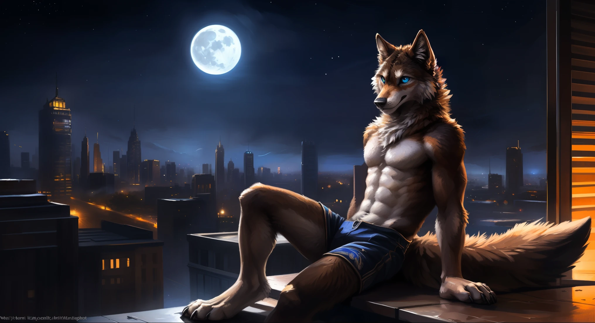 ((Solo)), male people, anthro wolf, (Multi-colored fur, White-brown:1.3), ((Wolf face, Big eyes, White eyelids, Blue pupil, Slim:1.2) (Tough, Calm expression:1.2)), (Height 2.1 meters,Tail length 1.5m), Abs, Slim, pinging, (Correct anatomy), (Contour bone:1.2), The upper body is naked, (detailed outfits), a long large tail,Feet,(Realistic fur, Detailed fur texture, labeled:1.3)), (Natural lighting), Photorealistic, Hyperrealistic, ultradetailed, by Kenket,In the modern city,Roof,the night,Sit alone,Look at the full moon,It was dark,Starry