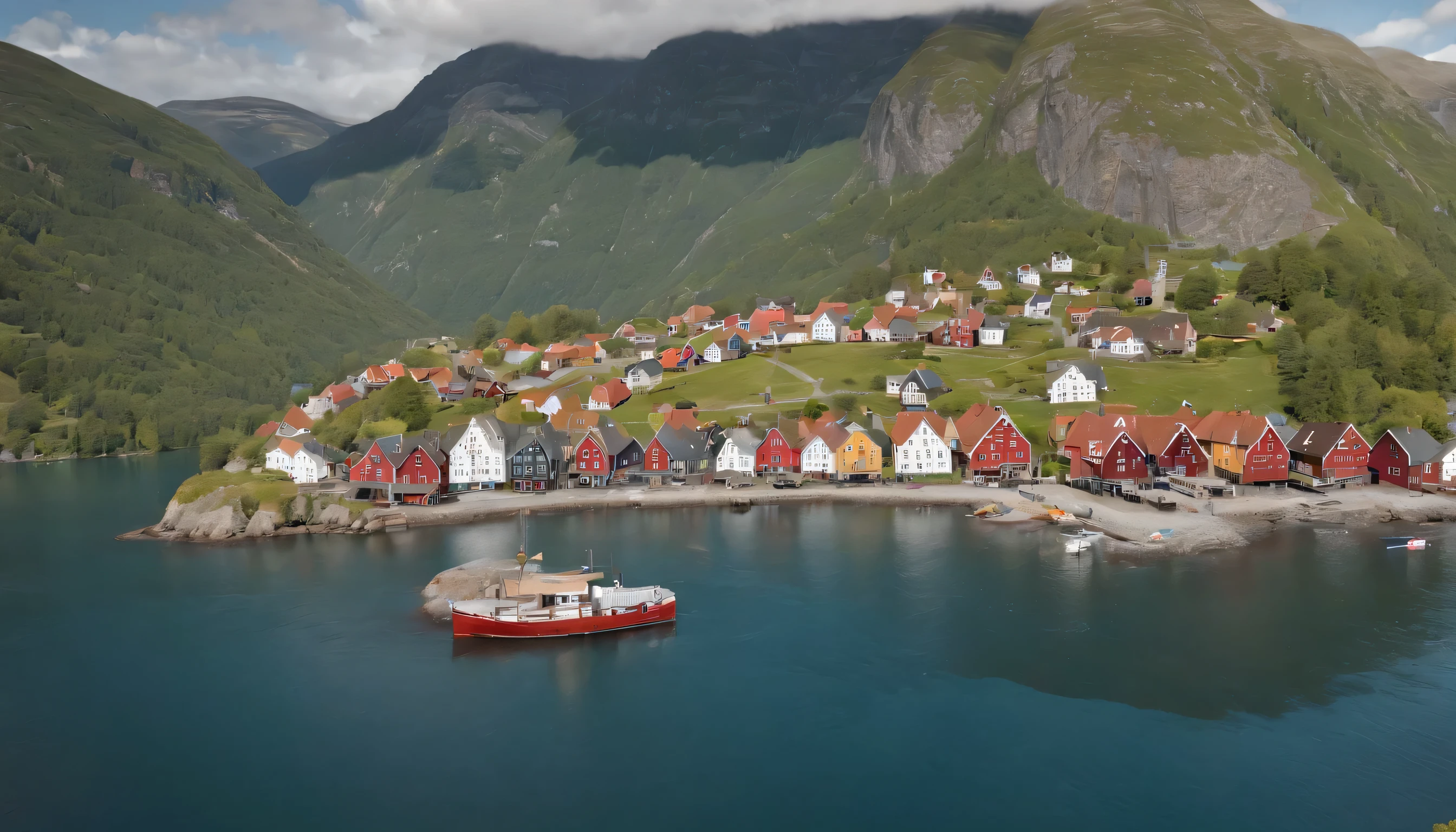 (Highly detailed CG Unity 8k wallpaper、masterpiece、highest quality、Super detailed)、(best lighting、best shadow、very delicate and beautiful)、highest quality、8k、Detailed facial depiction、masterpiece、highest quality、clear image quality、
Photo of a Norwegian cityscape and a small fishing village facing the fjord.。
