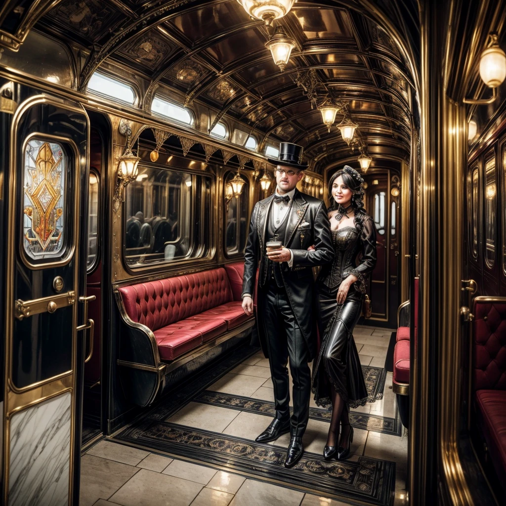 (best quality,4k,8k,highres,masterpiece:1.2),ultra-detailed,(realistic,photorealistic,photo-realistic:1.37),steam punk,a luxurious Train Station,spotlessly clean,several steam punk entertainment gadgets are present,golden steam-powered machines,exquisite clockwork mechanisms,elaborate brass gears and cogs,steaming pipes and valves,ornate Victorian architecture,impeccably polished marble floors,vintage leather-upholstered seating,gleaming crystal chandeliers,elegant top hats and corsets,curved wrought-iron staircases,copper-clad ticket booths,an opulent waiting lounge with plush velvet seats,an old-fashioned ticket conductor standing at the platform,steam-powered trains arriving and departing with a majestic hissing sound,couples in elegant attire waiting to board the train,a sense of excitement and anticipation in the air,beautifully painted vintage train carriages,puffs of steam billowing from the engines,strategically placed gas lamps casting a warm glow,sounds of clinking tea cups and laughter from a nearby café,vivid colors of rich burgundy,deep emerald green,and shimmering gold,all perfectly illuminated by the soft natural light streaming through large stained glass windows,captured in a timeless moment of Victorian elegance and steam-powered marvels.